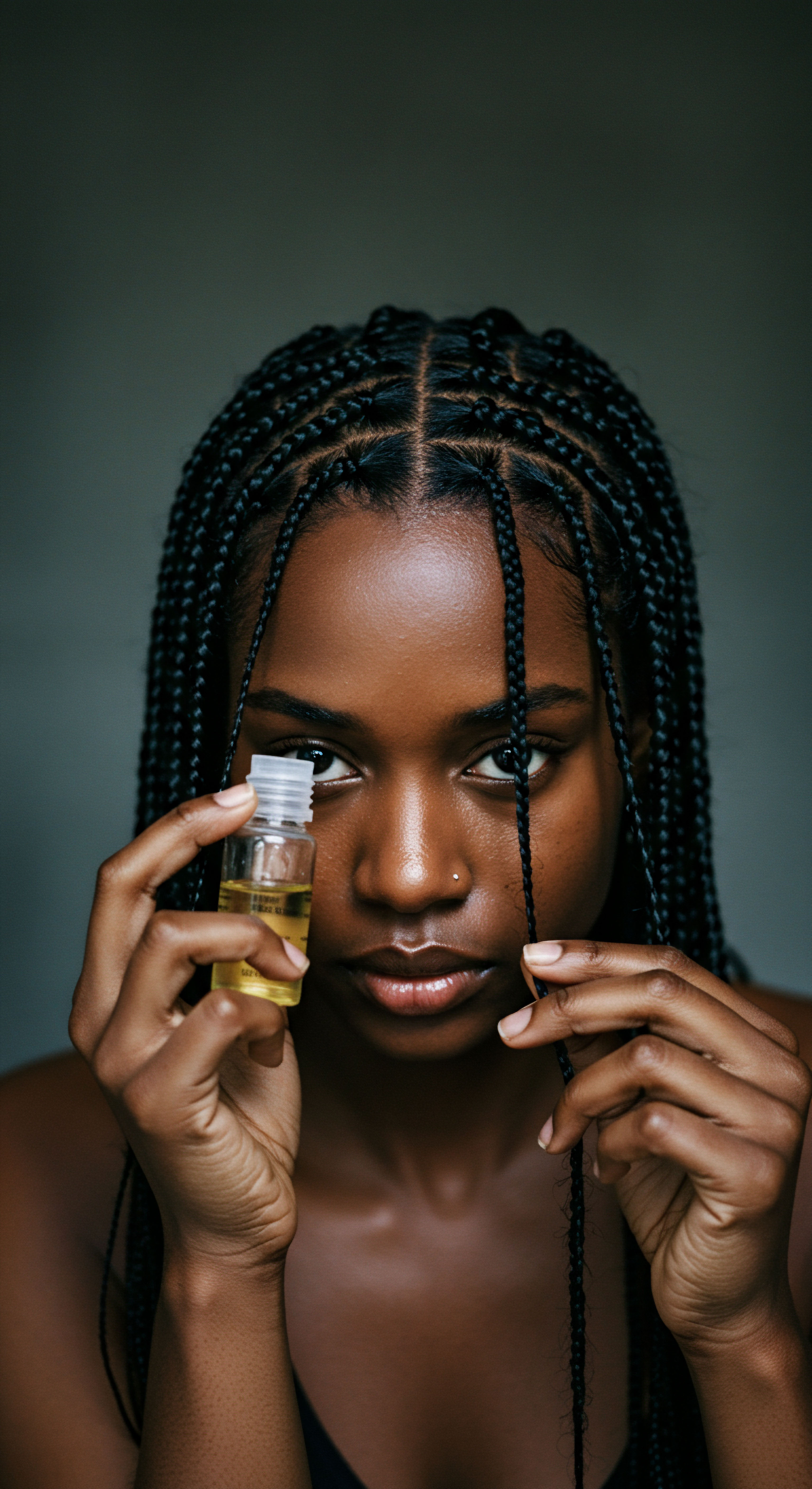 Nourishing Afro-Textured Strands Holistic Hair Care Regimen Embrace textured hair care with a focus on Afro-textured box braids. The application of scalp oil ensures optimal hydration for low porosity coily strands, supporting moisture retention and strand integrity. This protective styling honors ancestral traditions, fostering hair elasticity and significant length retention in the hair journey.