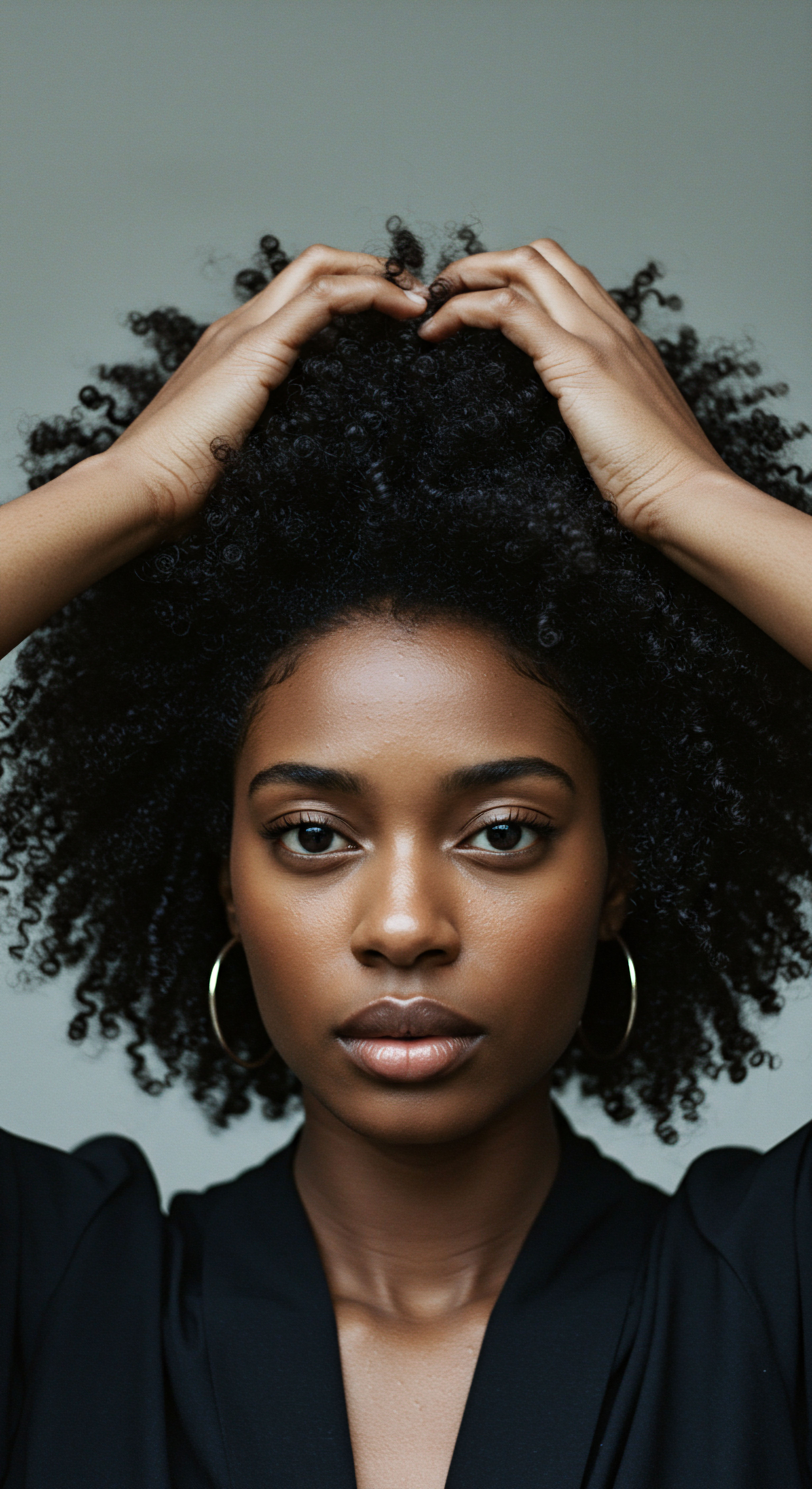 Nourishing Natural Black Hair Strand Definition for Helical Patterns Captivating portrait of a woman embracing her voluminous Afro-texture, hands tenderly enhancing her natural pattern definition. This showcases dedicated care practices, essential for moisture retention and scalp health, reflecting ancestral heritage. It embodies empowering Black hair styling versatility, celebrating each individual coily strand's journey toward peak health and resilient volume.