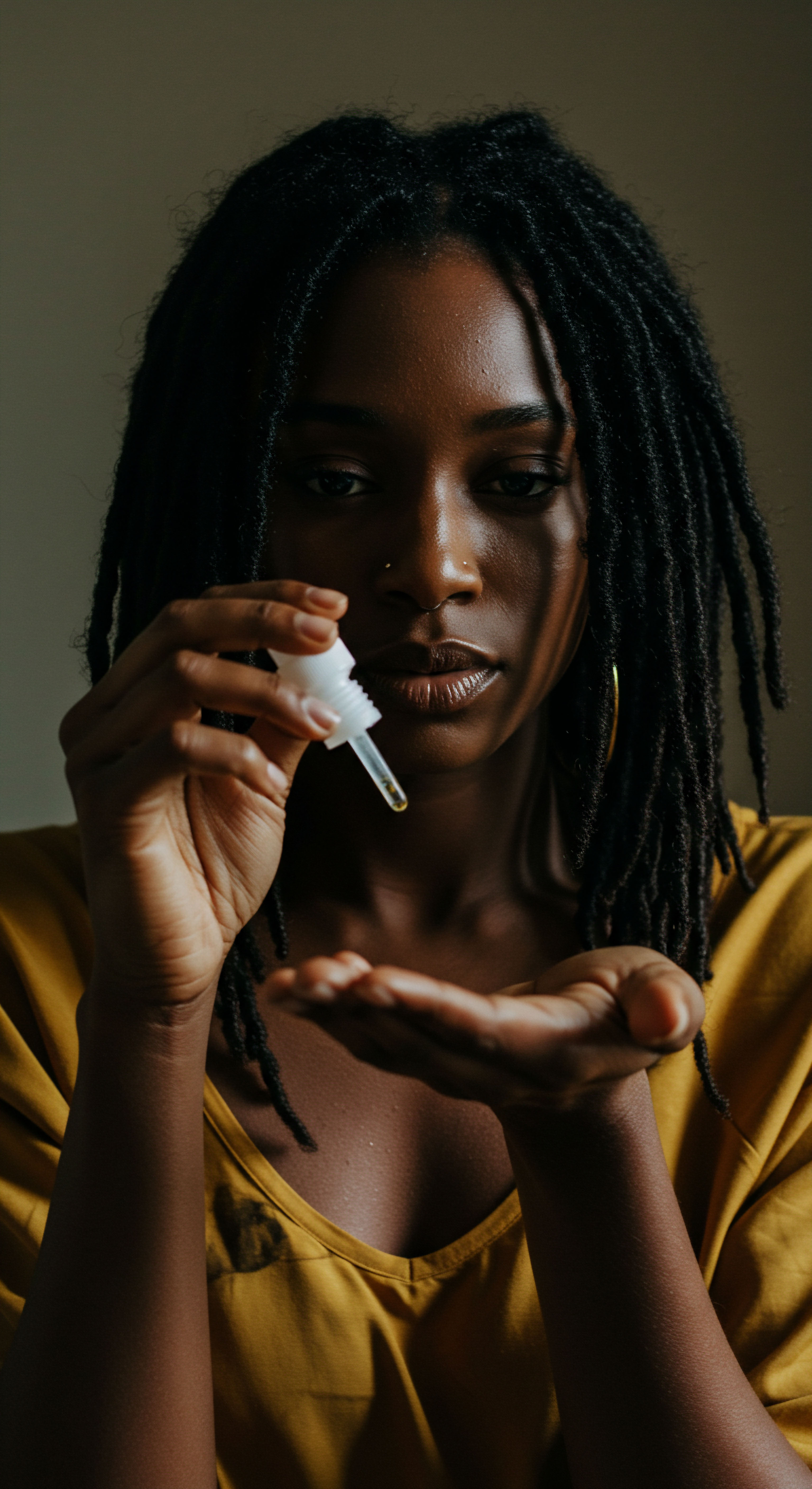 Nourishing Textured Locs Deeply Acknowledging Hair Care Heritage A portrait of intentional self-care, a woman engages in a vital hair wellness ritual, dispensing fortifying oil onto her palm. This deeply resonant scene celebrates nourishing Afro-textured locs, maintaining scalp health, and honoring ancestral heritage through consistent, expert-level hydration and protective styling care.
