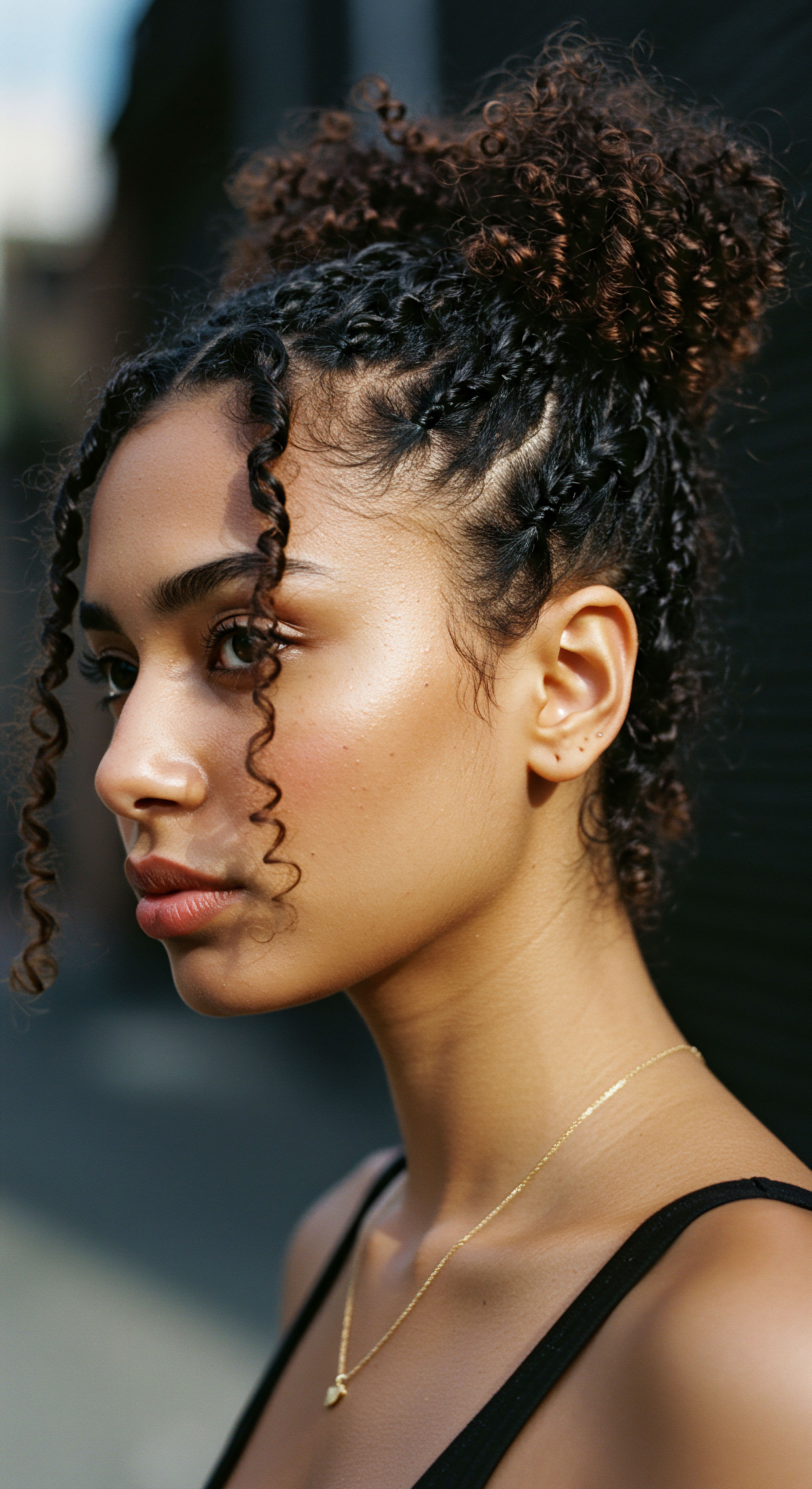 Nurturing Mixed Heritage Coily Texture Through Ancestral Hair Styling A celebration of mixed heritage, this portrait showcases intricate ancestral braiding flowing into a stunning, voluminous coiled texture. It embodies diligent low porosity hair care, expert protective styling, crucial scalp health, and deep hydration for remarkable pattern definition and enduring hair wellness.