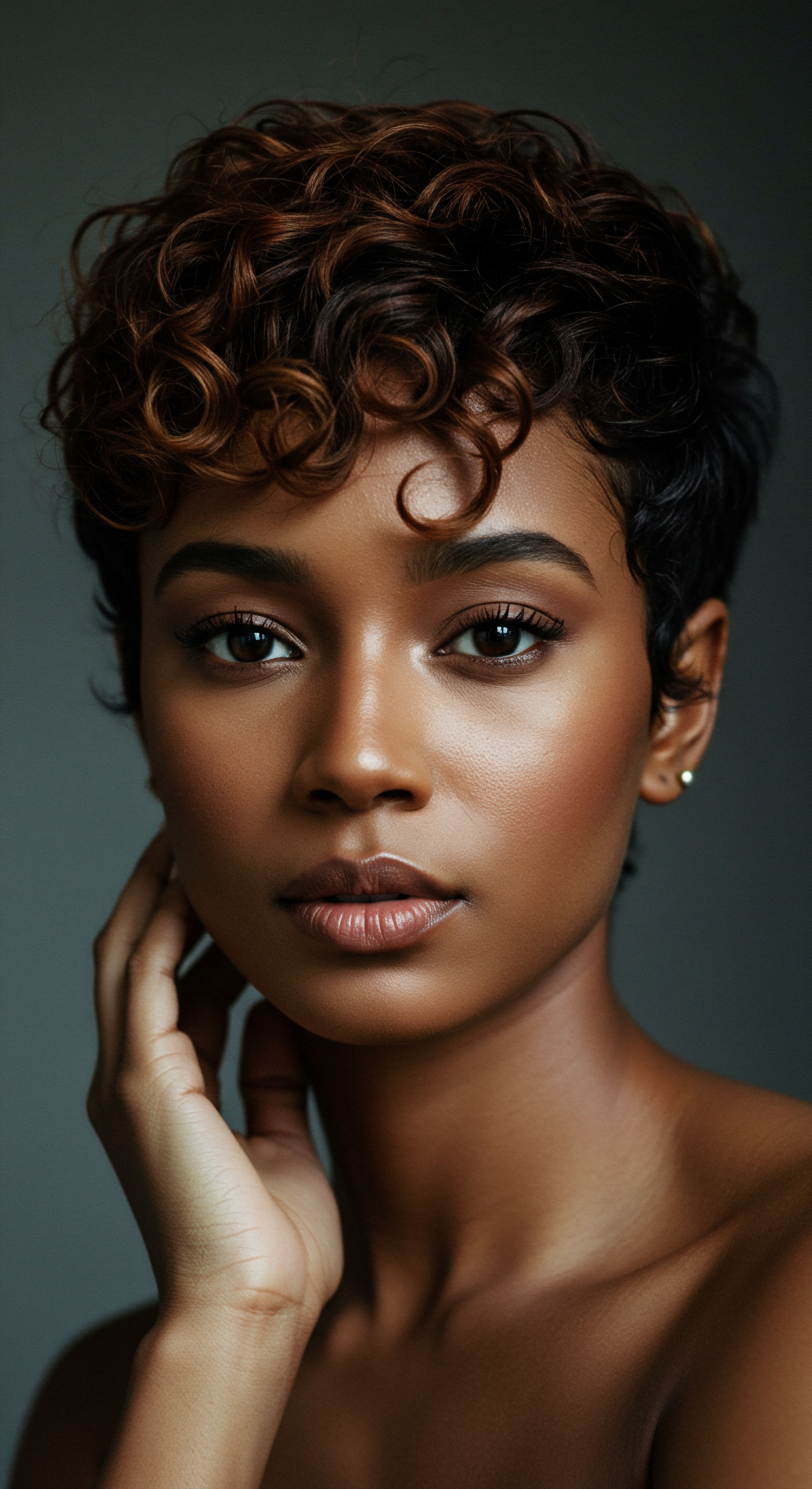 Nurturing Short Textured Hair Optimal Coily Pattern Definition For Radiance This captivating portrait features a woman's radiant textured hair. Her short, defined brown and black coils showcase deep hydration, a testament to expert care and precise styling techniques. This diligent regimen honors her Mixed-Race Hair Heritage and ancestral roots.