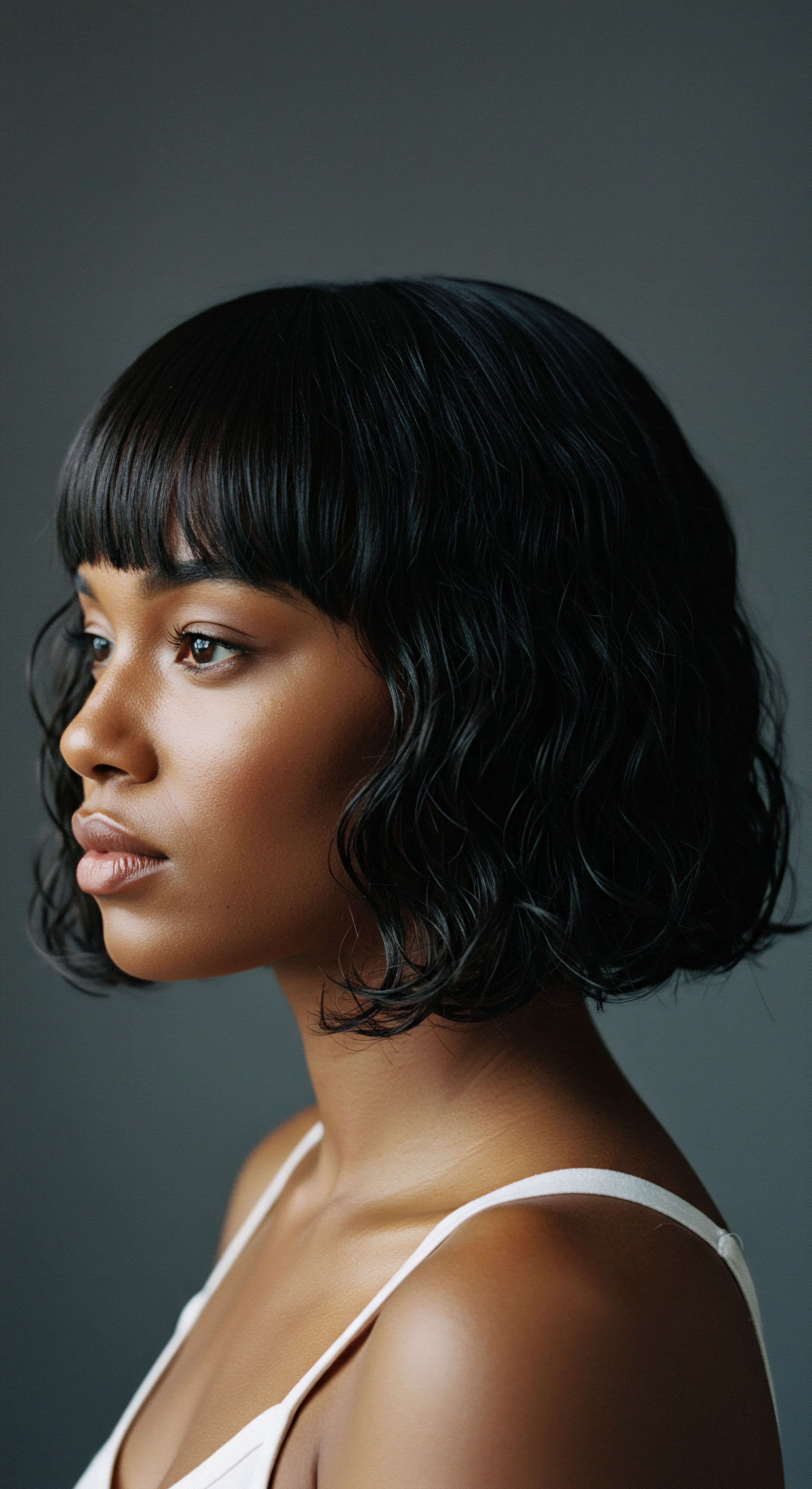 Optimal Black Textured Hair Health Defined Wave Pattern Styling Artistry This captivating portrait spotlights dark, textured hair demonstrating unparalleled sheen and meticulous pattern definition. A testament to diligent hair care, it emphasizes moisture retention, scalp health, and resilient pattern maintenance. Her elegant styling celebrates heritage, reflecting advanced hair nourishment for lasting hair vitality.