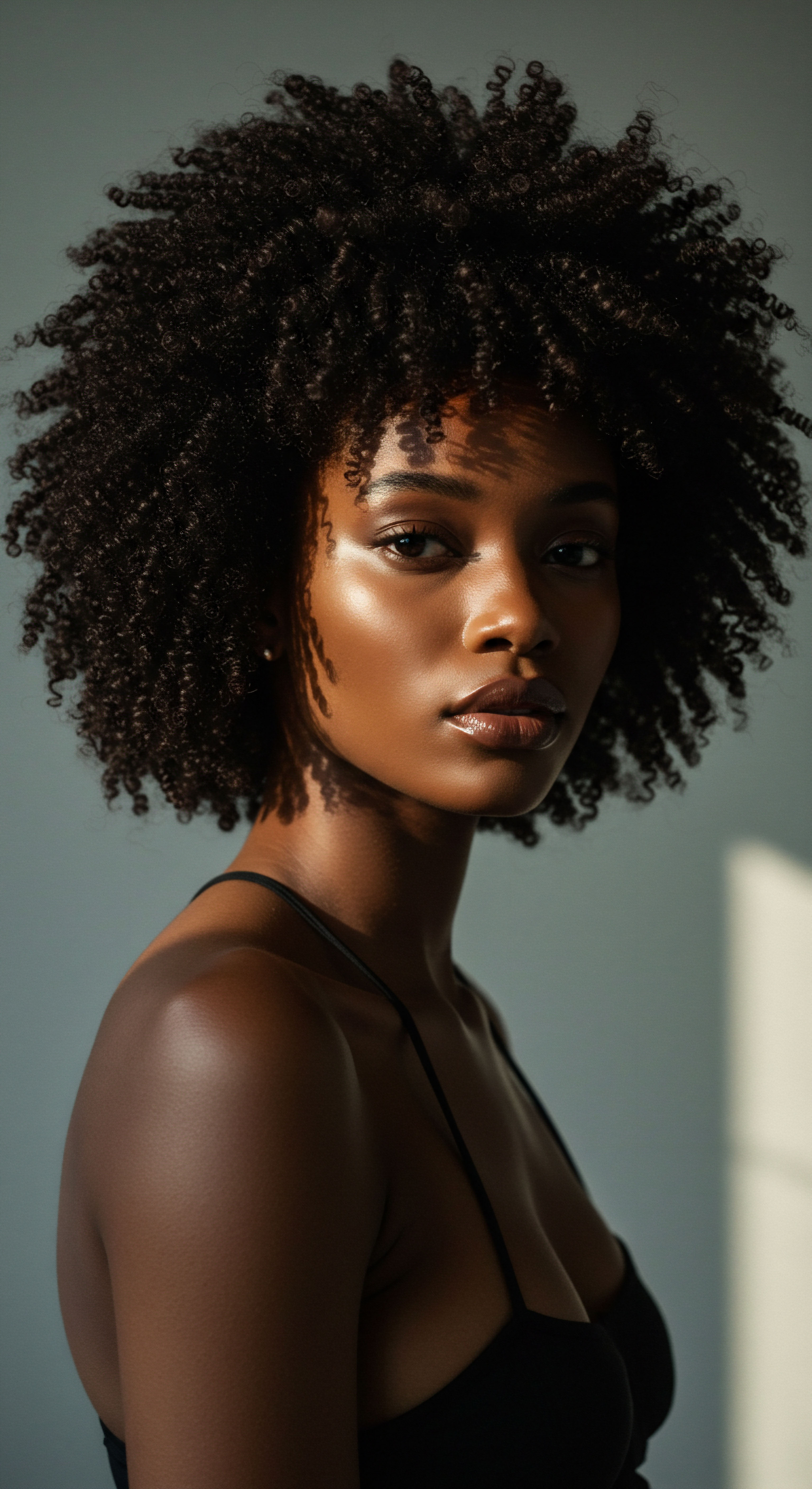 Optimal Hydration Hair Pattern Resilience Scalp Health Afro-Textured Beauty This compelling portrait honors resilient, voluminous afro-textured coils and their magnificent intrinsic spring. Showcasing exquisite coil definition, the subject's radiant skin exemplifies optimal hydration and robust scalp health. A powerful symbol of ancestral hair heritage, this image celebrates thoughtful low manipulation styling, promoting natural hair pattern vitality and inherent resilience.