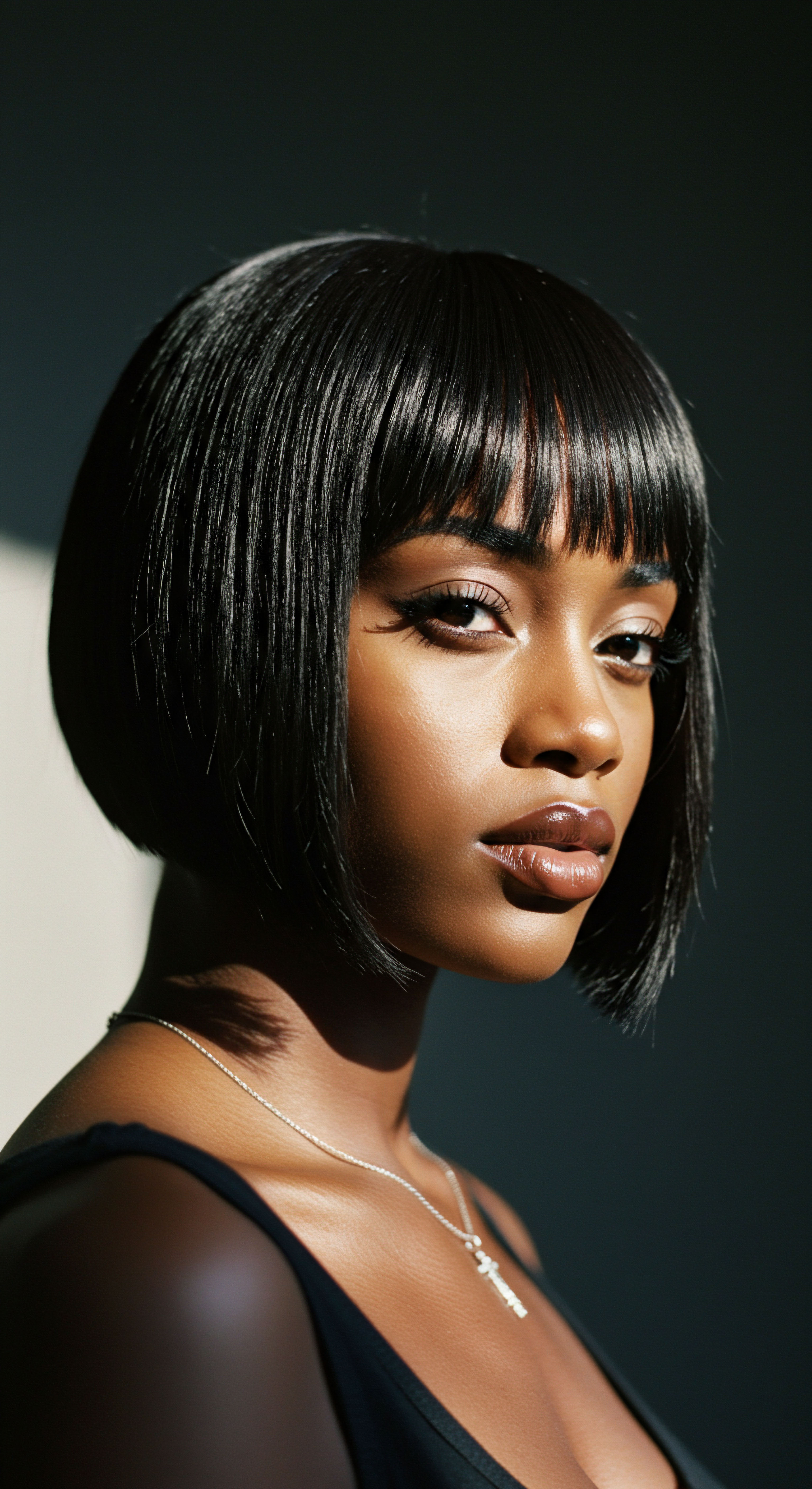 Optimized Moisture Retention And Silk Press For Resilient Afro-Textured Hair Patterns Celebrating the versatility of Afro-textured hair with this exquisite thermally smoothed bob and precision fringe. This styling demonstrates meticulous heat protection and deep conditioning, ensuring optimal moisture retention and scalp health. It reflects a dedication to modern care regimens for preserving ancestral hair patterns while exploring diverse aesthetics and promoting anti-breakage strength.