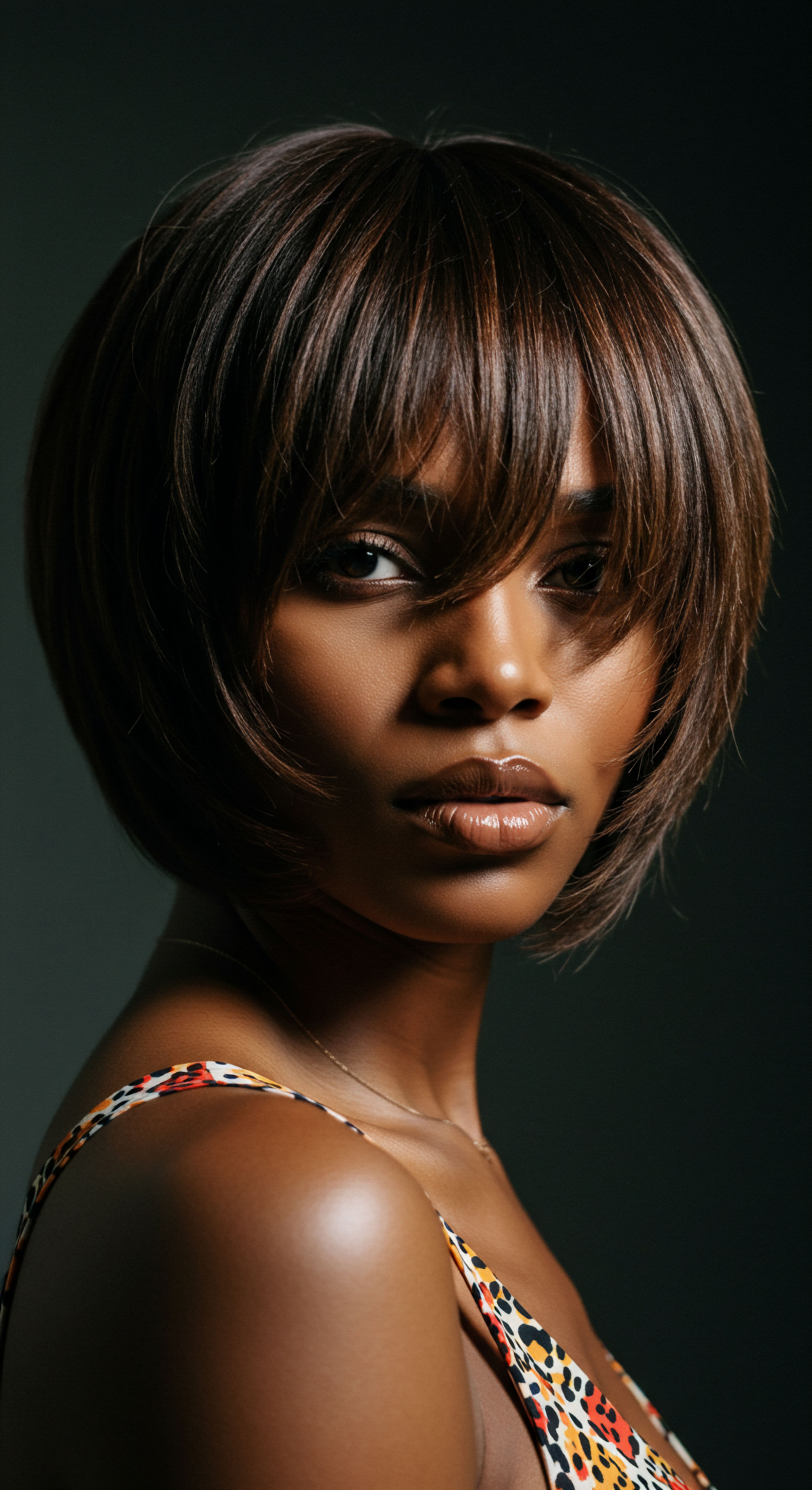 Polished Textured Hair Artistry Modern Sleek Bob Silhouette Healthy Strand Brilliance This stunning portrait illuminates the sophisticated outcome of dedicated hair wellness for naturally derived patterns. A perfectly sculpted short bob, featuring luminous dark brown hues, demonstrates exceptional care for hair porosity and moisture equilibrium, celebrating versatile styling artistry on Black and mixed-race heritage hair, showcasing a healthy, vibrant aesthetic.