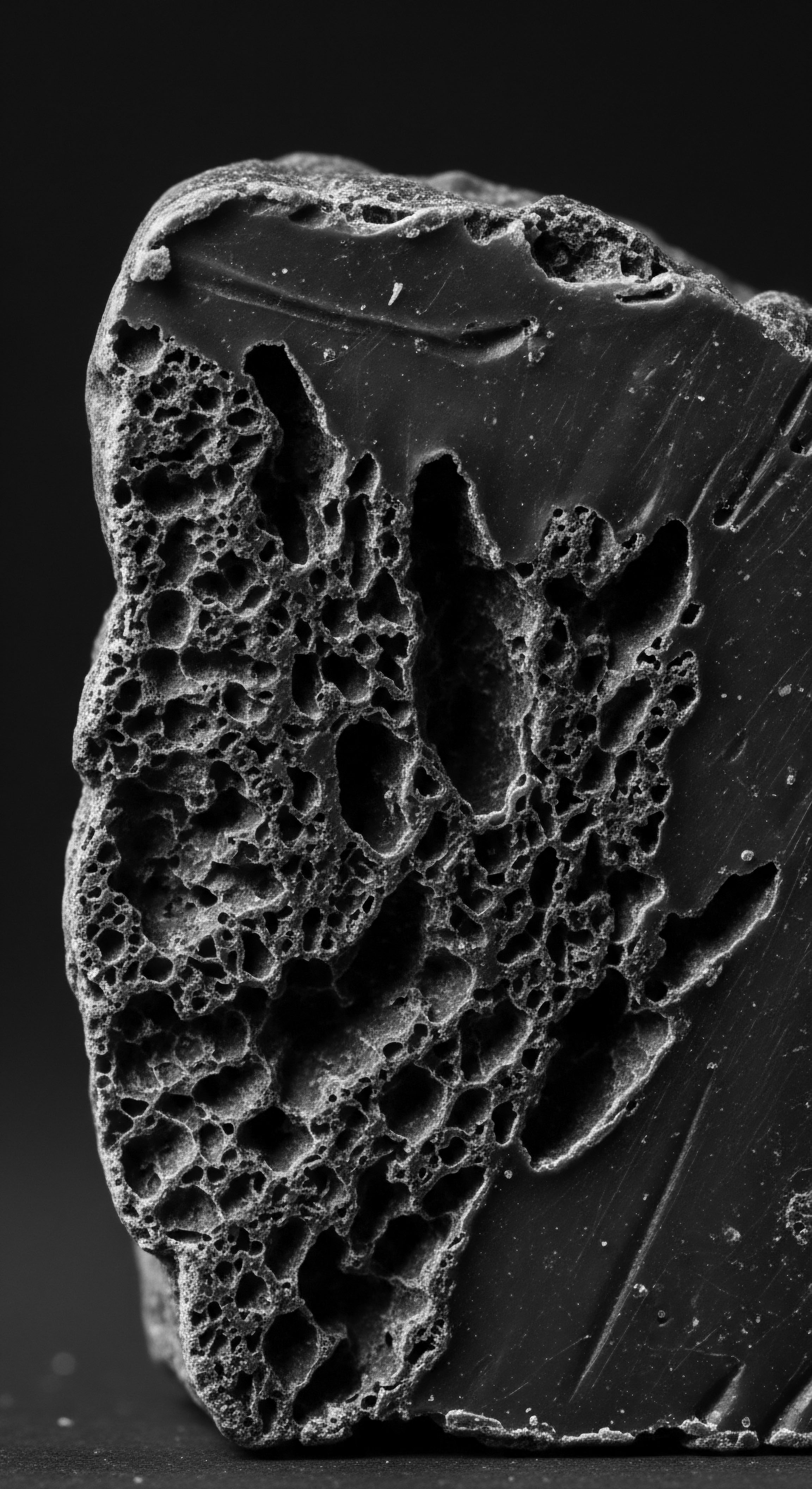 Porous Black Obsidian Stone Texture for Afro Hair Product Inspiration Black obsidian's intricate surface echoes the resilience of tightly coiled hair, symbolizing the strength found in ancestral hair traditions and informs product development focused on natural hydration and fostering a nurturing, holistic approach for mixed-race hair wellness journeys.