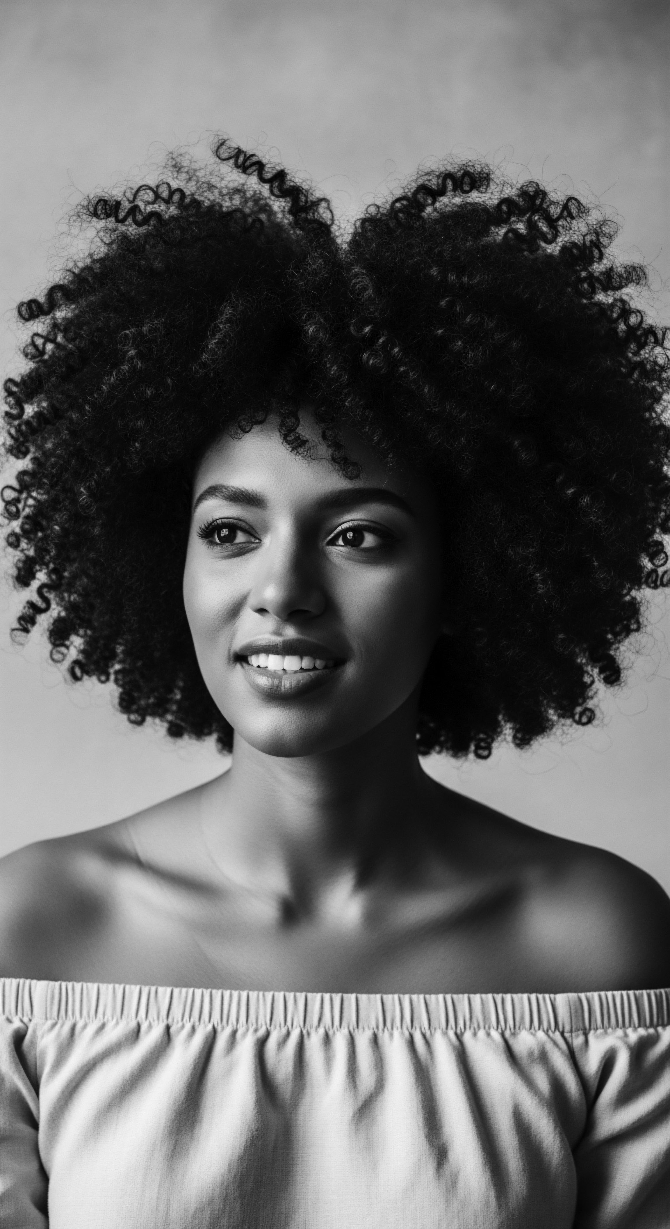 Portrait of a Beautiful Woman with Afro Hair in Black and White This striking monochrome portrait emphasizes the beauty and unique formations of afro hair, presenting a modern celebration of heritage and personal style. The image’s composition and lighting contribute to a sense of timeless elegance, highlighting the natural allure and cultural significance of textured hair.