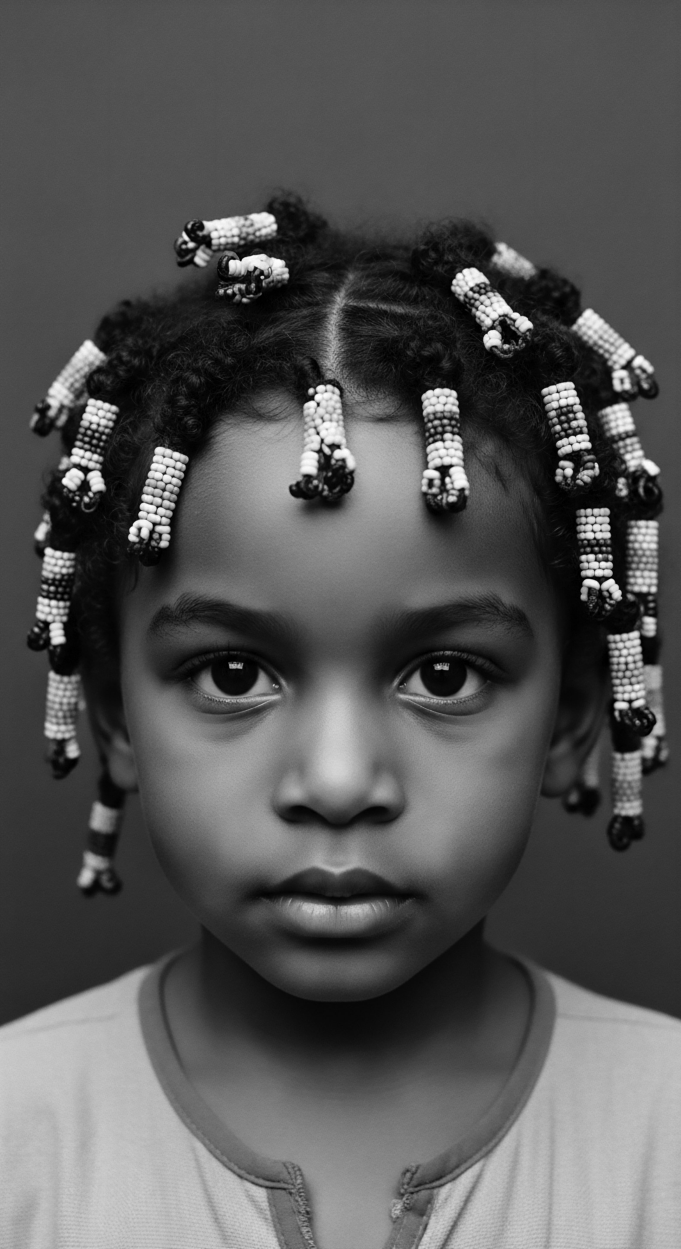 Portrait of a Child with Beaded Braids Black and White Beauty Captured in monochrome, the child's gaze and beaded hairstyles serve as powerful expressions of heritage and identity, presenting an evocative narrative of ancestral strength interwoven with the art of Black hair traditions, and a testament to the beauty inherent in mixed-race hair forms.