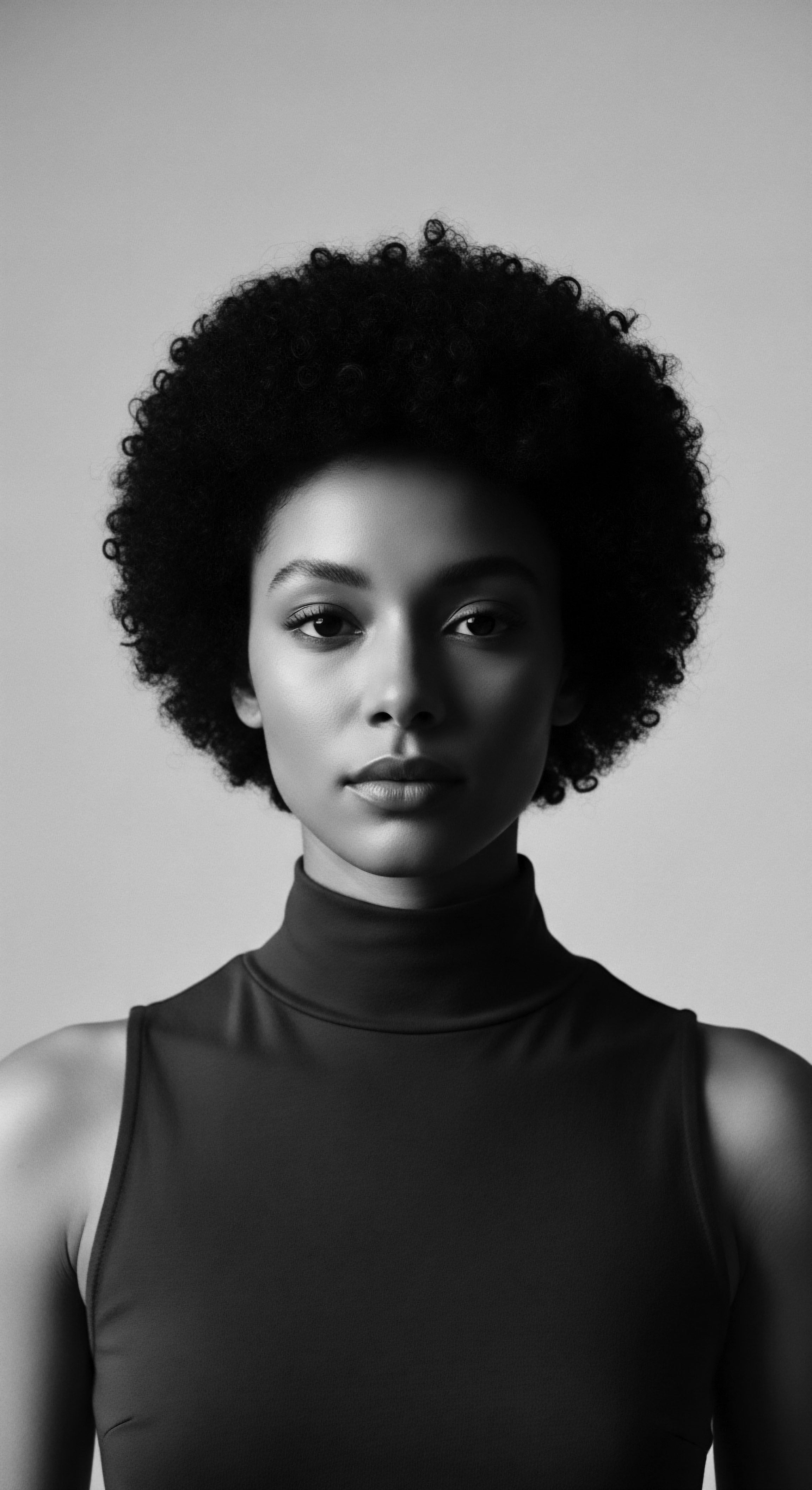Portrait of a Woman with Afro Textured Hair and Contemplative Expression The portrait evokes a sense of strength, amplified by the contrast and focused expression. This image stands as a testament to beauty standards celebrating textured hair, a visual exploration of ancestral heritage, and an invitation to embrace unique natural formations.