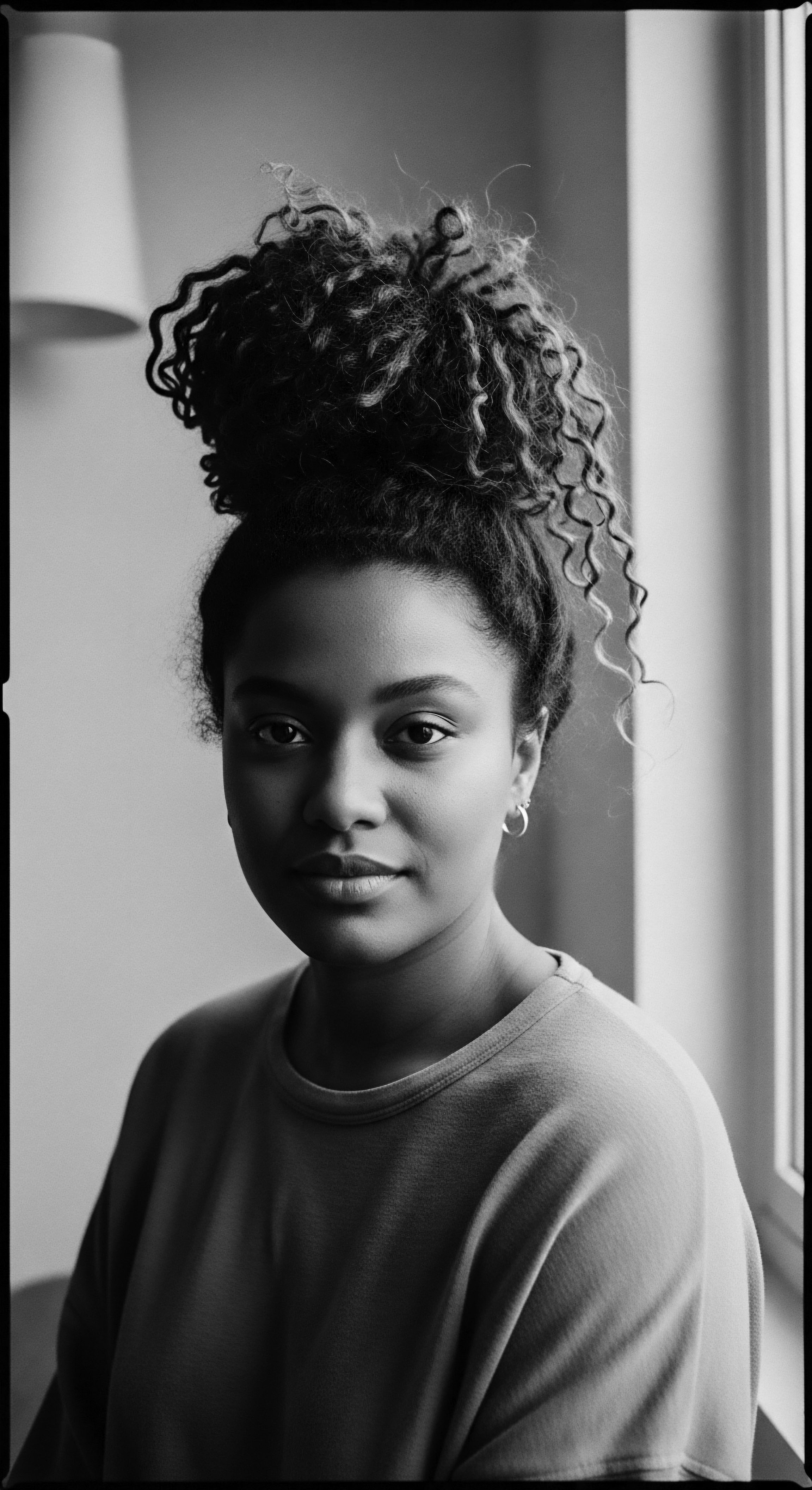 Portrait of a Woman with High Coiled Hairstyle in Black and White The subject's confident gaze and artful presentation of her naturally coiled high-set hair, showcase a celebration of personal style, simultaneously reflecting the beauty found in embracing ancestral heritage through mindful textured hair styling and contemporary self-expression with coil celebration.