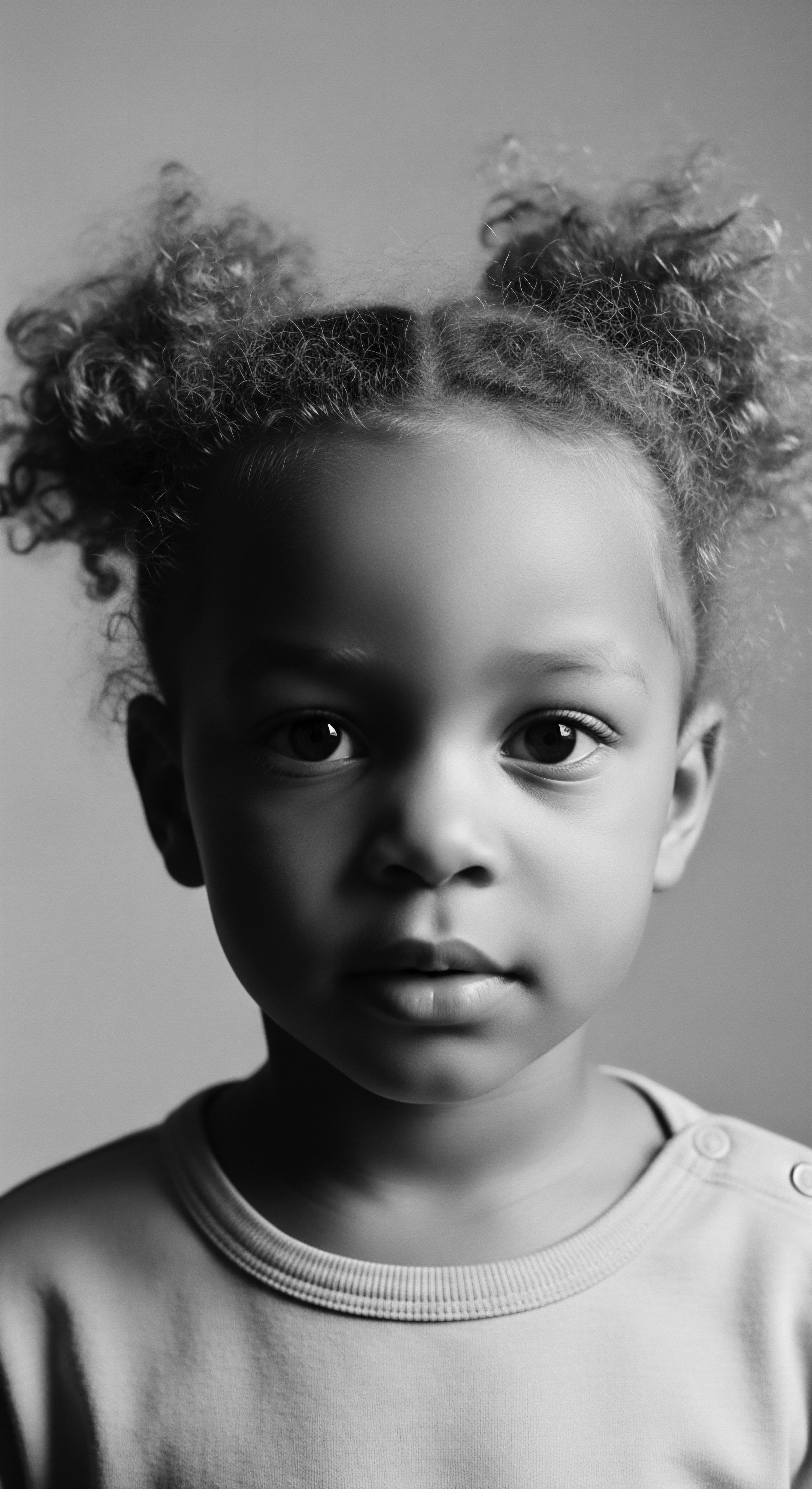 The portrait captures the child's quiet strength and innocence, drawing attention to the inherent beauty of her tightly coiled texture and styling, celebrating ancestral hair heritage and embracing a conscious connection between personal expression, hair wellness, and cultural identity. The timeless monochrome palette amplifies the emotive impact.