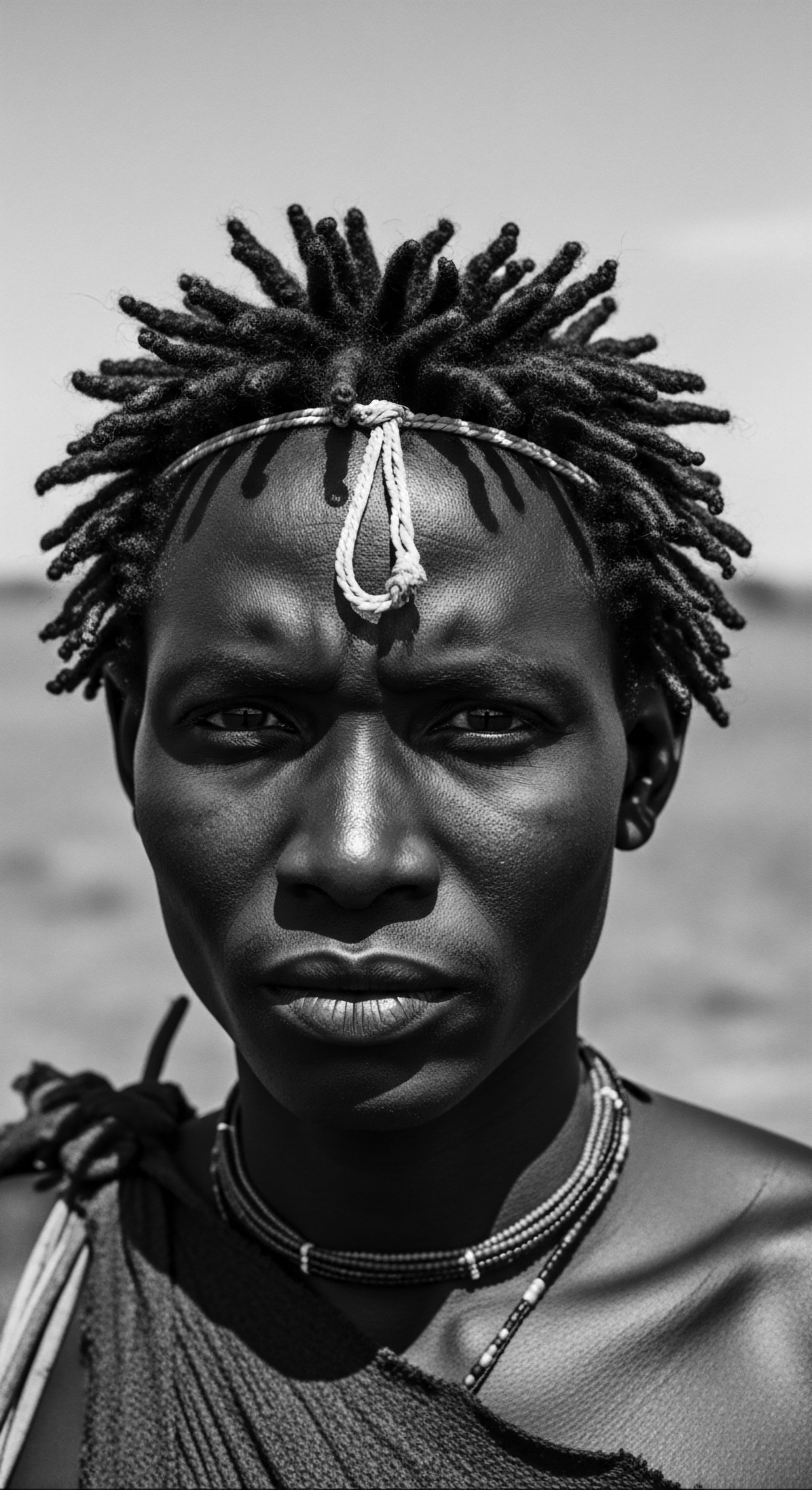 Monochrome portrait reveals a young man with tightly coiled dreadlocks, framed by a beaded headband. His gaze is direct and intense, revealing strength. The multiple strands of beaded necklaces adorn his neck. Textural nuances enhance the rich melanin in his skin. Traditional African beauty reflected.