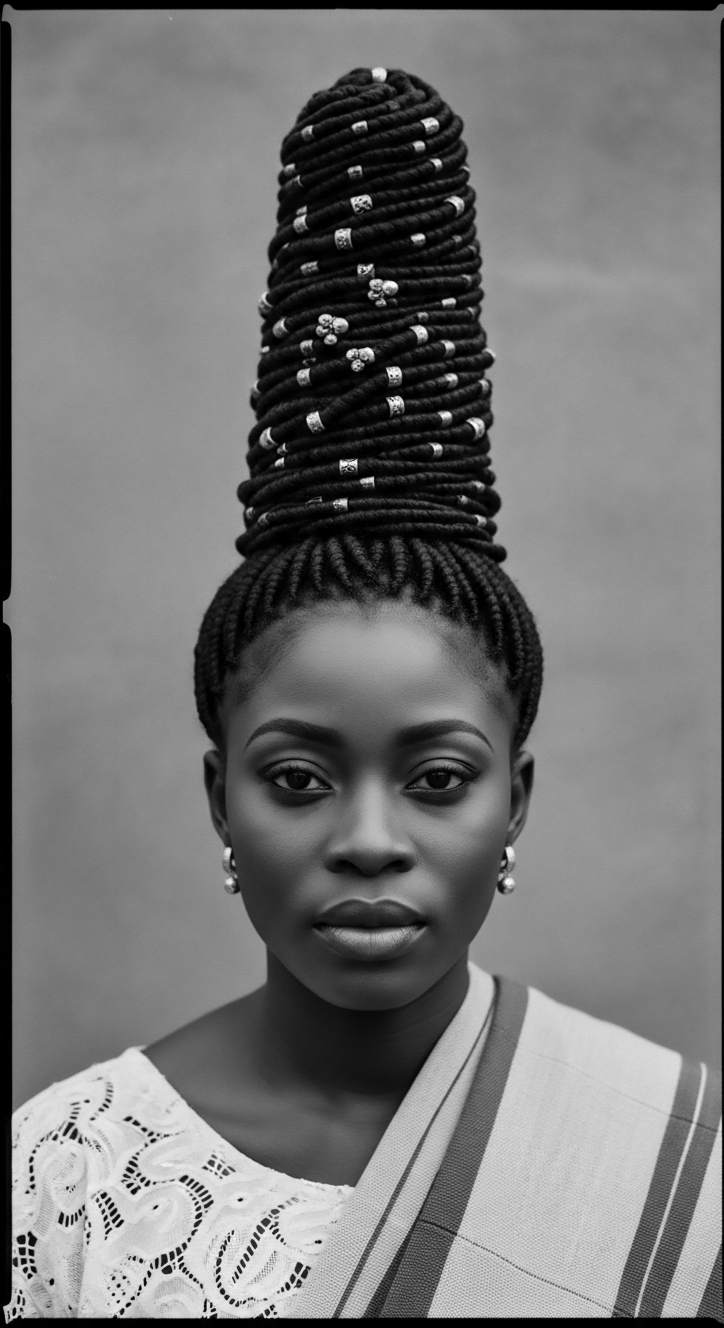 A striking black and white portrait features an African woman adorned with an intricate braided hairstyle. The hair is piled high, accented with silver beads and cuffs. She wears a lace-trimmed garment and a striped cloth over her shoulder, exuding regal presence with cultural hairstyle, ancestral traditions, and textured hair pride.