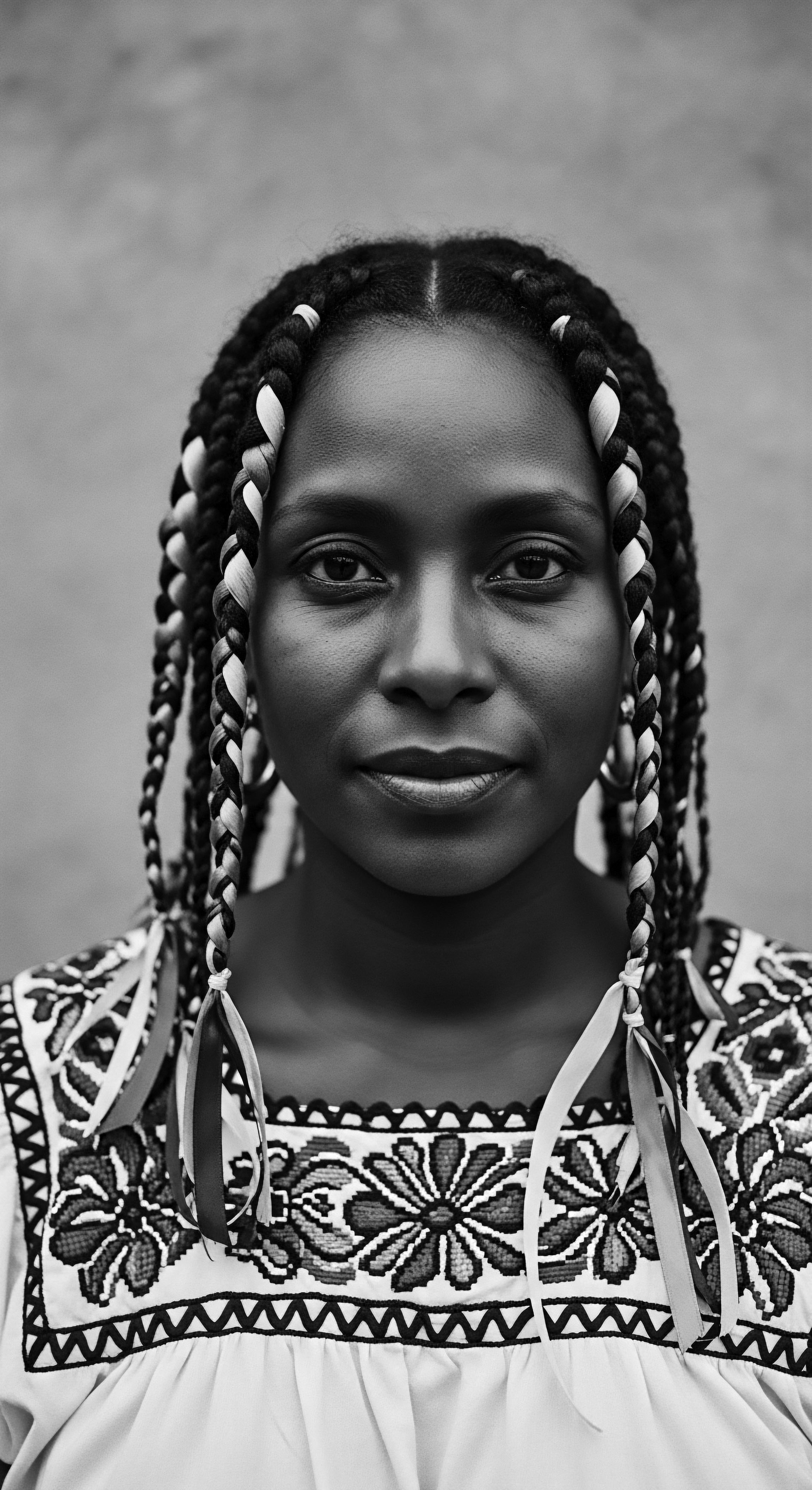This evocative portrait features a woman whose braided hair, adorned with ribbons, and traditional embroidered dress speaks to a deep ancestral heritage. The image is an exploration of textured hair traditions and cultural expression reflecting identity and empowering beauty standards for Black women.