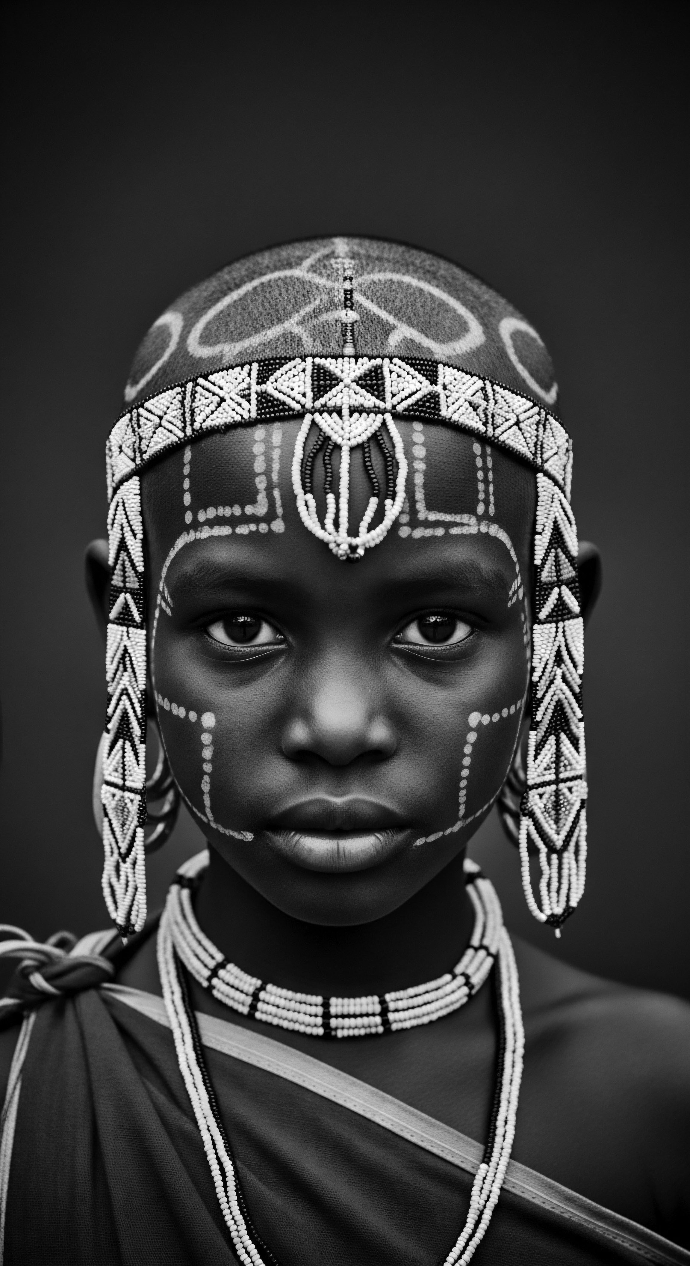 Portrait of Maasai Child Adorned with Traditional Beaded Jewelry and Head Shave This intimate portrayal reflects the cultural richness of Maasai traditions, highlighting the intricate beadwork and head shave that carry deep symbolic meaning, embodying ancestral heritage and the celebration of unique identity through expressive styling, while embracing the beauty of natural dark skin.