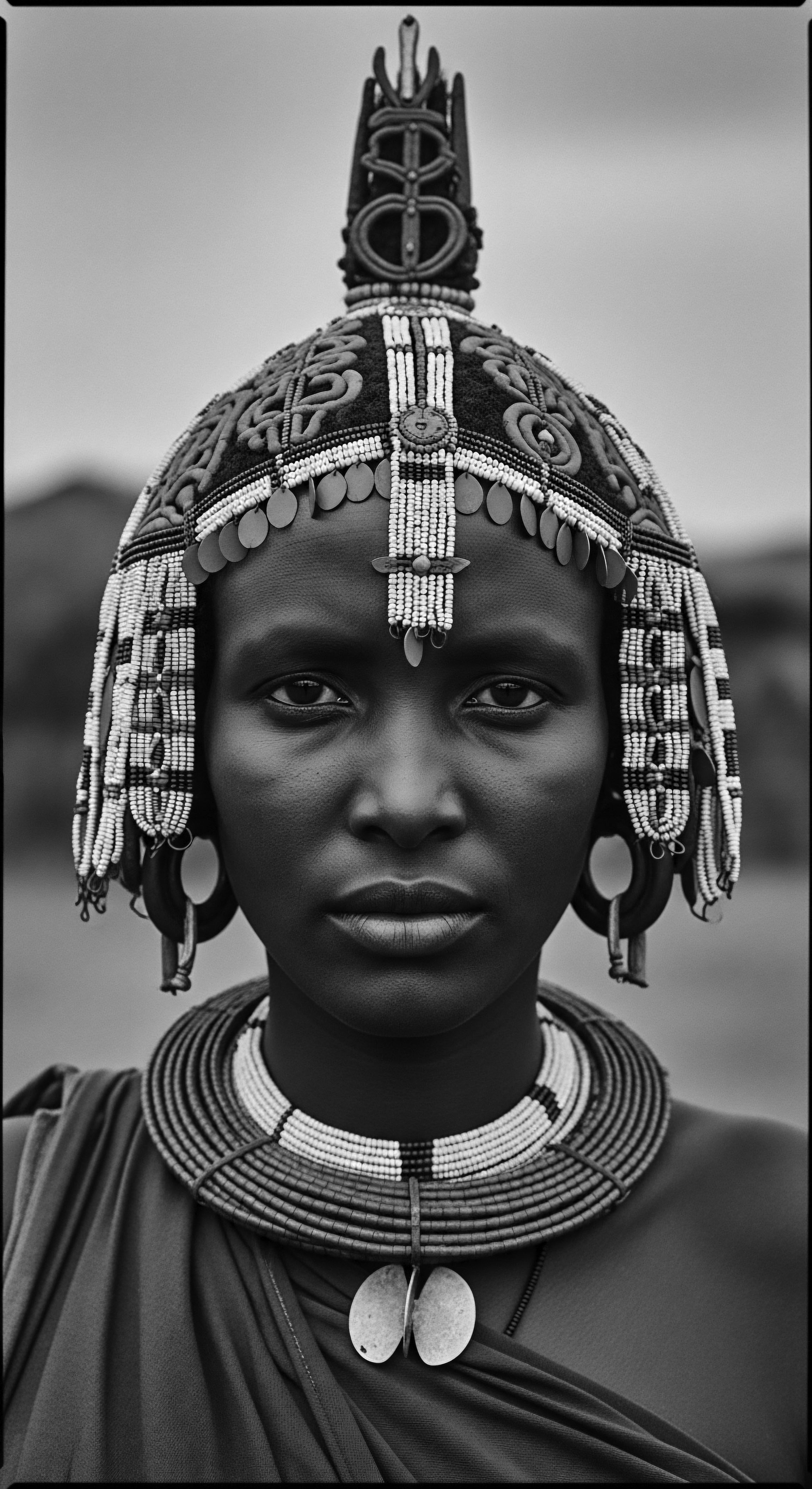 Portrait of Maasai Woman Adorned with Intricate Beaded Headdress and Jewelry The stark beauty of the monochromatic portrait showcases the Maasai woman’s striking headdress and beaded regalia, symbolizing a powerful connection to ancestral heritage, cultural expression, and the enduring beauty of traditional African adornment reflecting holistic cultural identity.