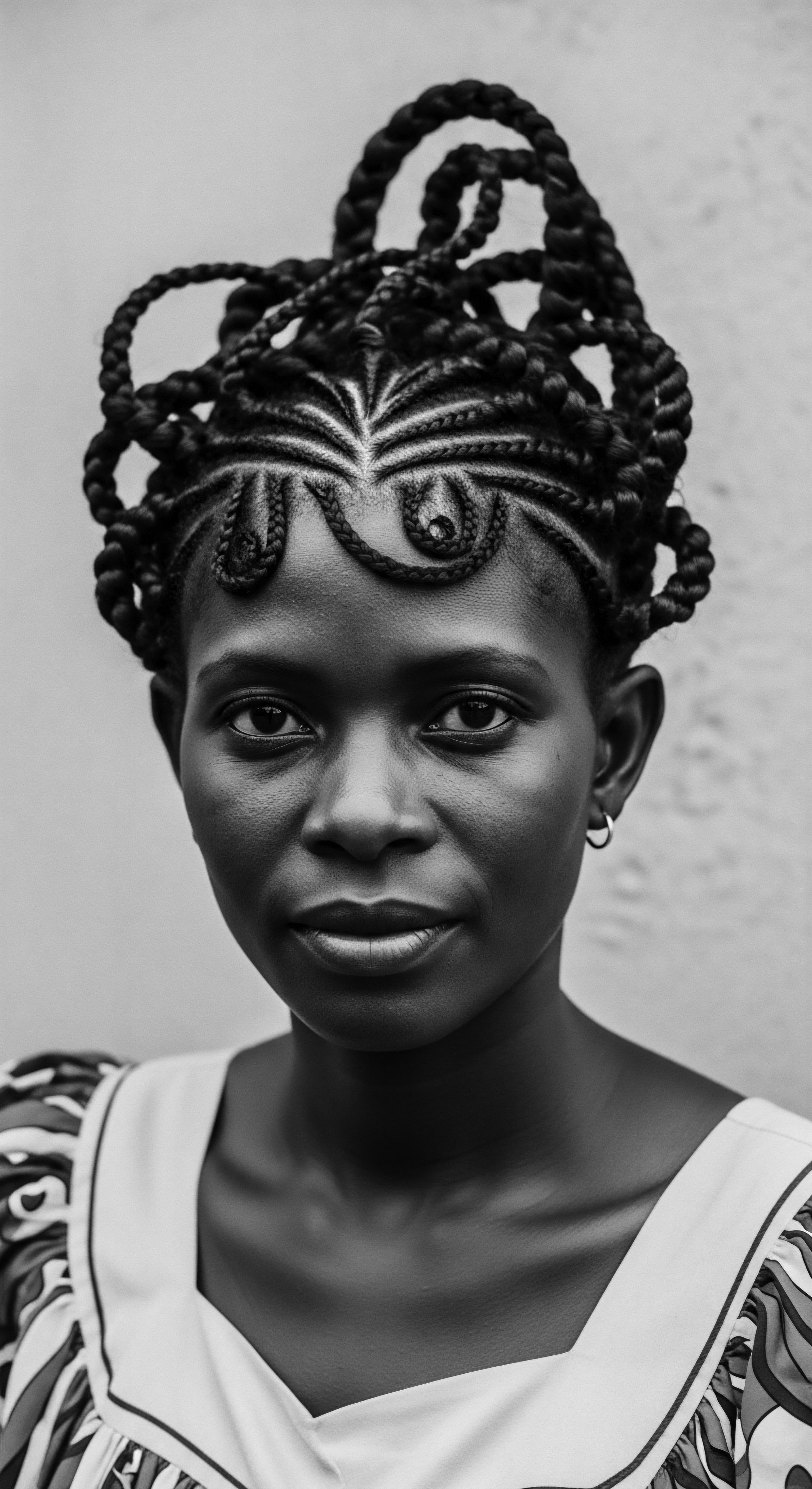 Portrait of Woman with Intricate Braided Protective Hairstyle Black and White This striking portrait celebrates the artistry and heritage embodied in African hair braiding, featuring a woman whose elegant updo reflects a commitment to both cultural tradition and the protective styling needs of highly textured hair, inviting viewers to appreciate the beauty and significance of Black hair practices.