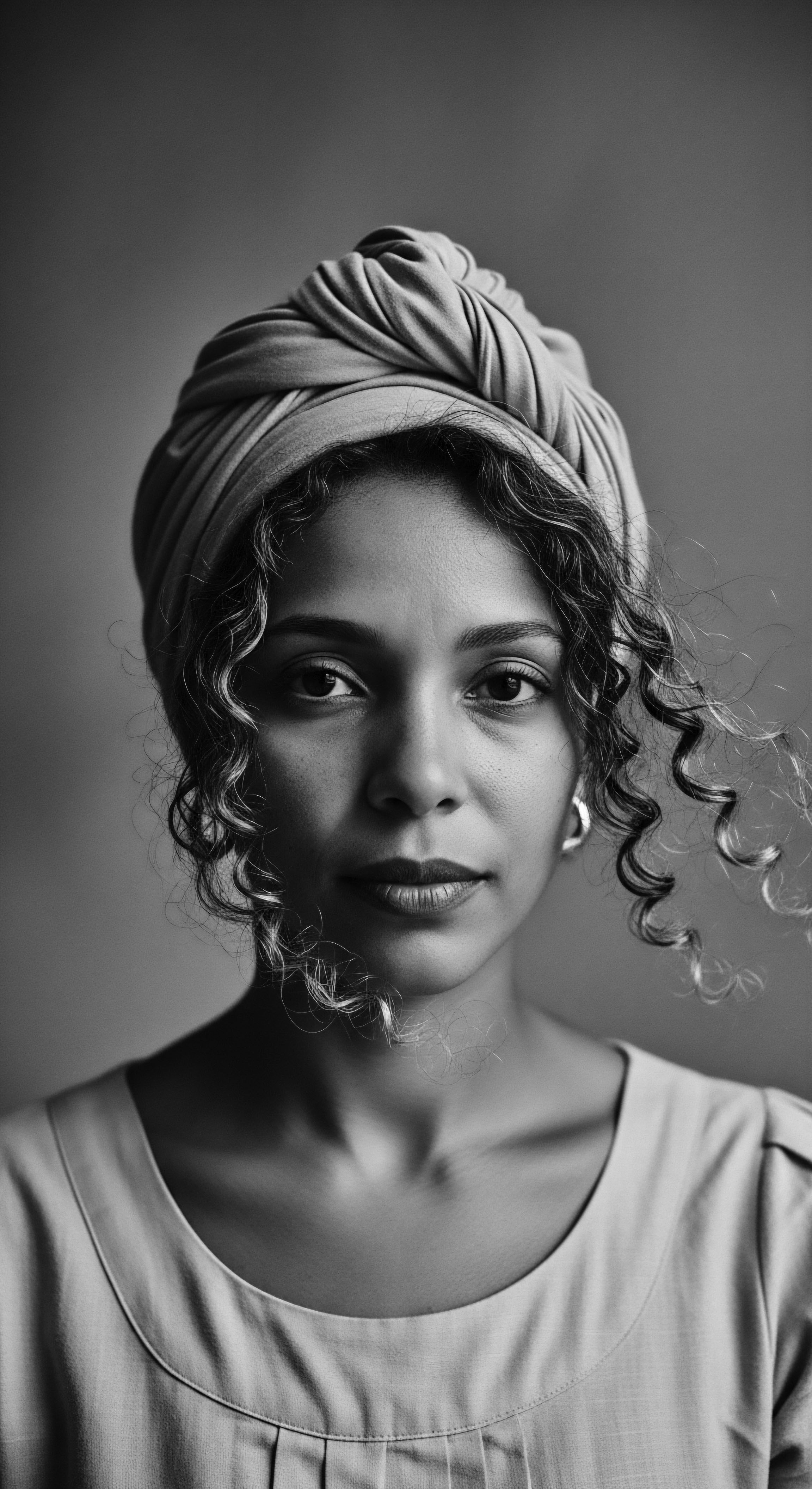 Portrait of Woman with Low Porosity Spirals in Madras Head Wrap A striking black and white composition celebrates heritage, showcasing elongated spiral pattern achieved via threading, a testament to ancestral hair traditions, emphasizing holistic hair care, self-expression, and intricate styling within narratives of Black hair traditions and mixed-race hair narratives.