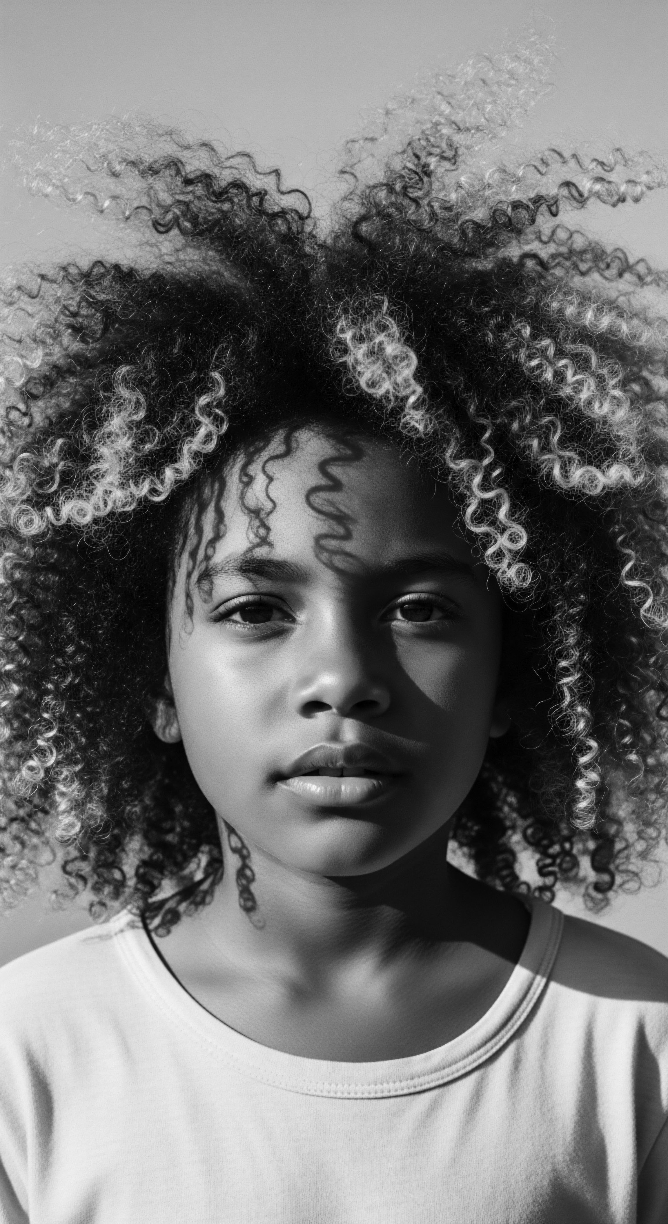 Portrait of Young Black Girl with High Density Afro and Shadow Play The portrait captures a young girl's confidence with her afro, a powerful statement on natural hair acceptance, high porosity characteristics, ancestral beauty standards, scalp microbiome balance, coil springiness, demonstrating a legacy of Black hair traditions reflecting cultural pride and holistic textured hair care.