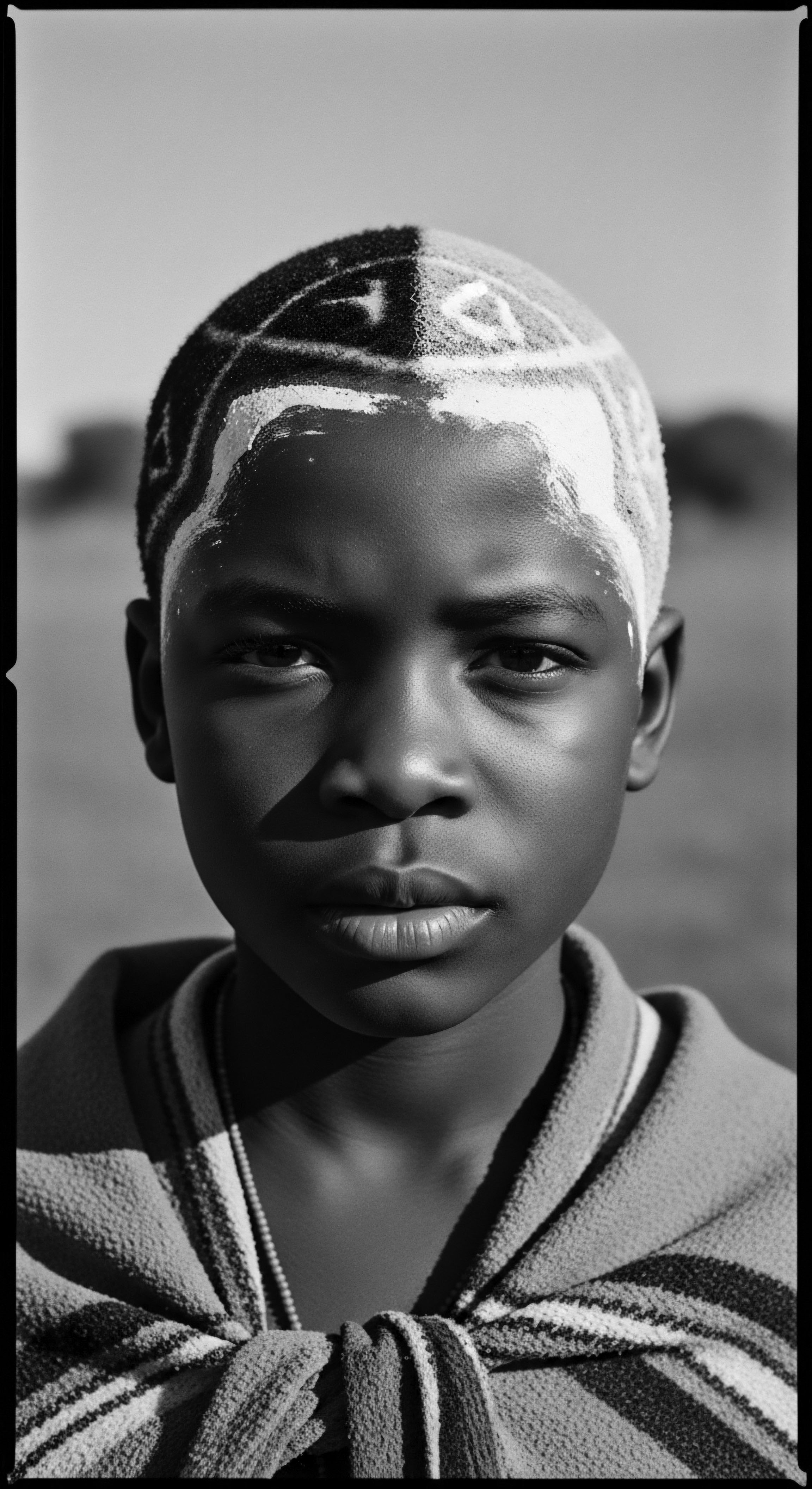Portrait of Young Person with Tribal Hairstyle in Black and White The solemn gaze and meticulously crafted hairstyle underscore the young individual’s connection to cultural identity. Featuring a striking tribal aesthetic with pigmented adornment, the artistic style captures both a moment in time and a powerful expression of heritage, self-possession, and ancestral belonging within a larger cultural narrative.
