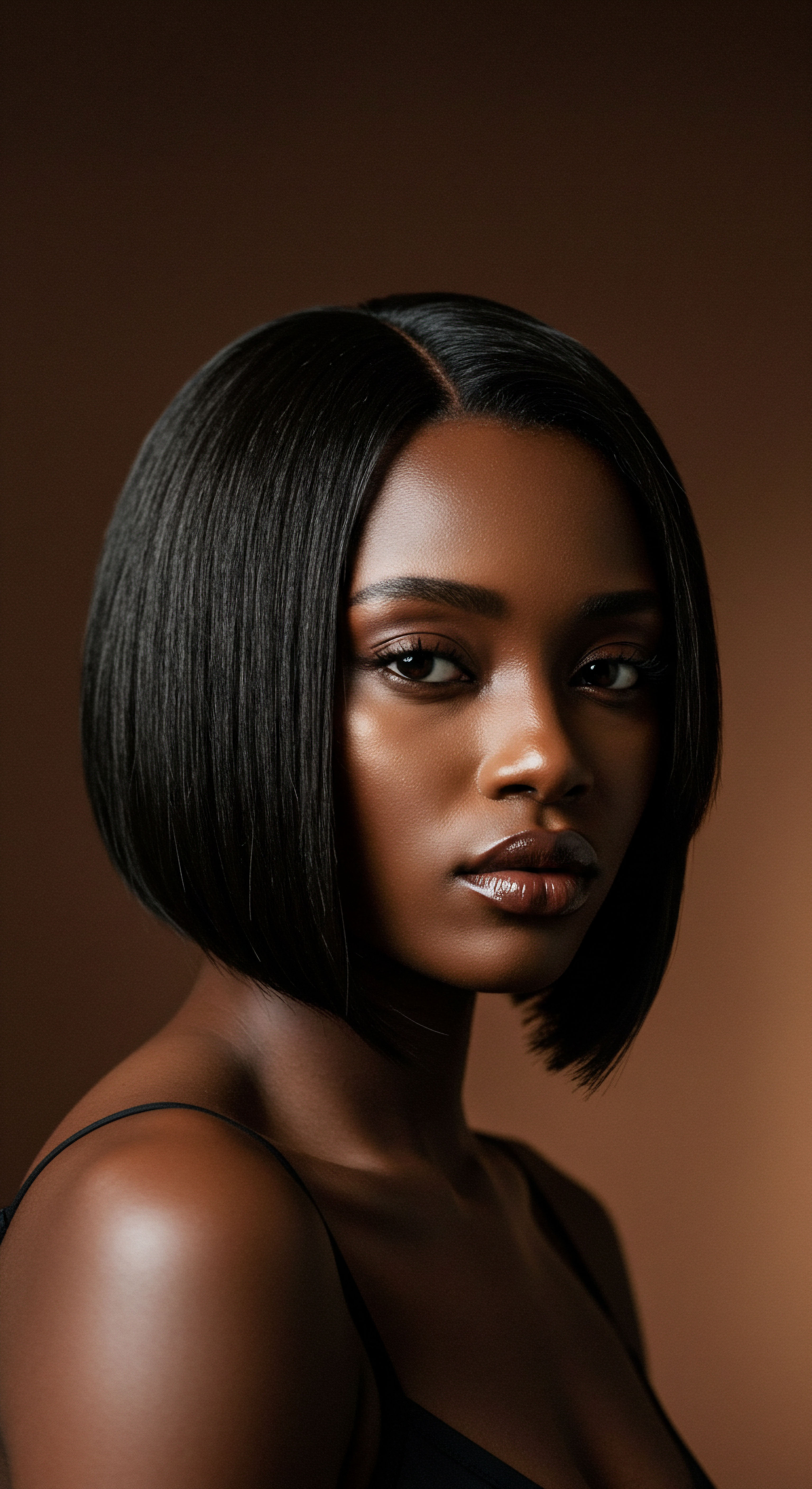 Precision Bob Styling Exemplifying Thermal Straightening on Textured Hair A radiant subject displays a chic, thermal-straightened precision bob, exhibiting impressive shine and profound moisture retention. This sophisticated styling highlights the resilience and versatile pattern transformation of textured hair through expert care and heat protectant use, celebrating ancestral beauty and meticulous styling practices.