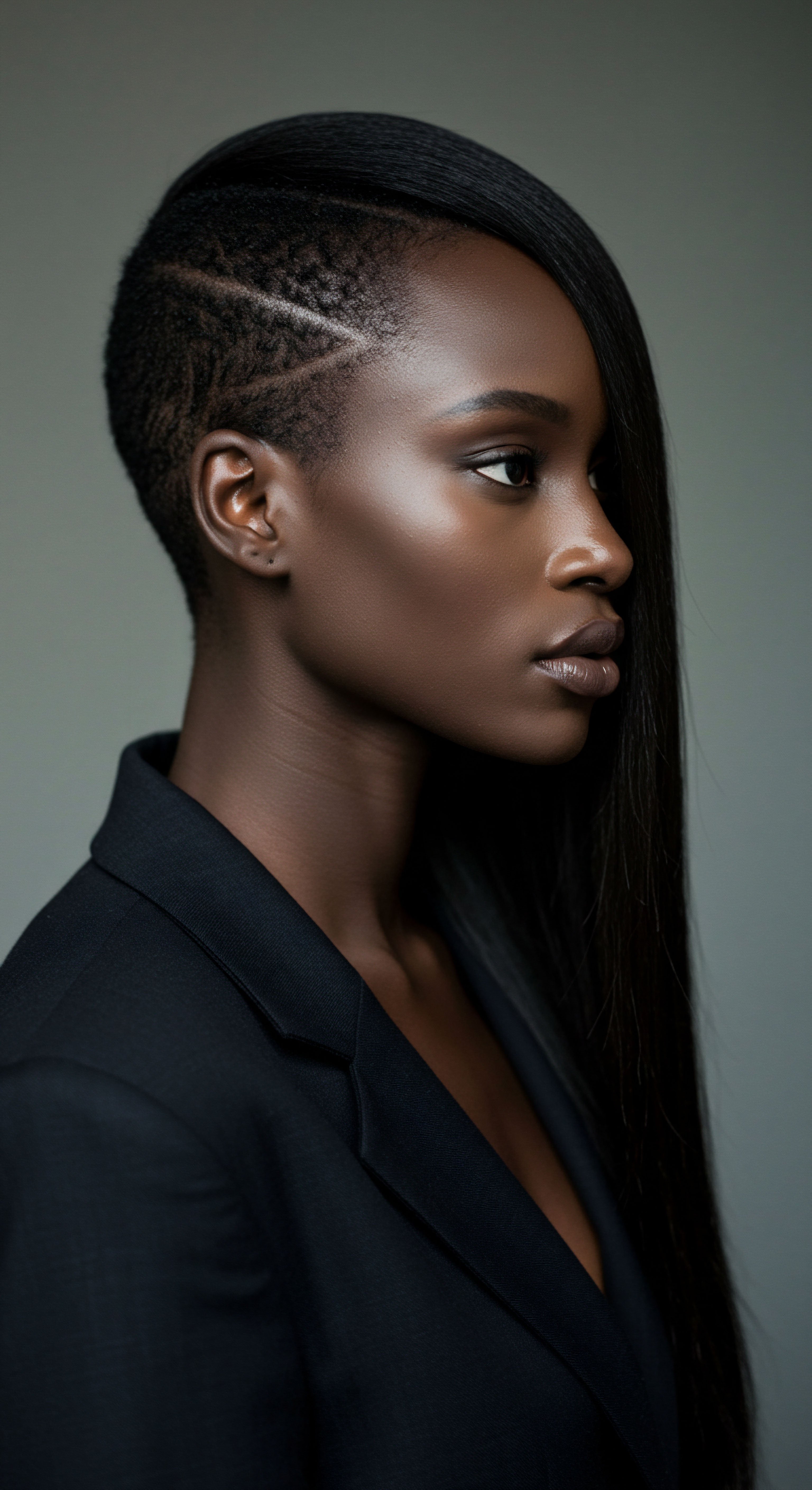 Precision Hair Artistry Asymmetrical Styling Sleek Strands Scalp Carvings Textured Innovation This compelling image showcases geometric scalp art with precision razor carving on defined coily texture, beautifully contrasted by liquid-smooth strands. This asymmetrical hair architecture embodies heritage styling, reflecting melanin luminosity, meticulous care, directional flow, and profound textural duality.