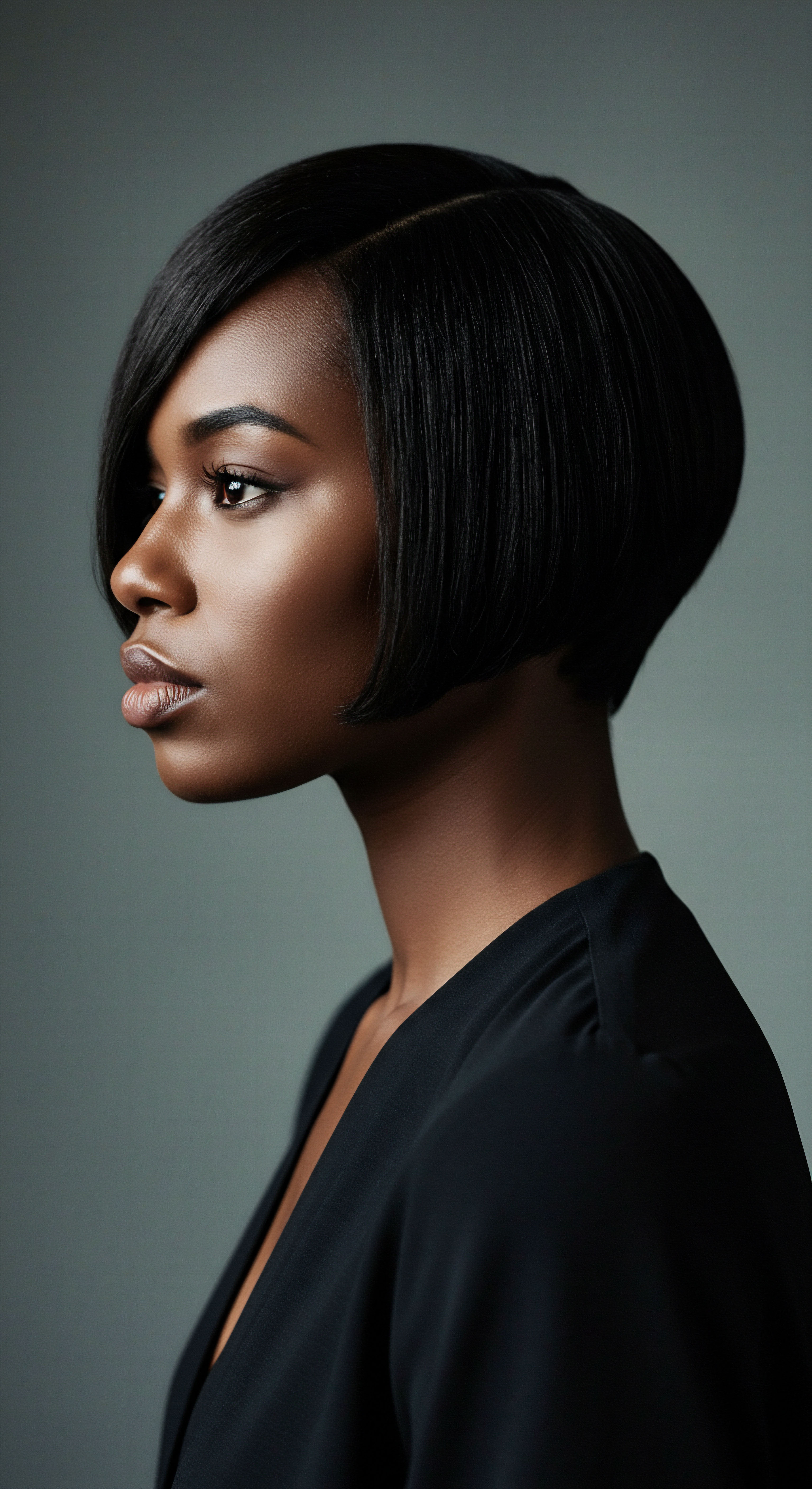 Precision Silk Press Styling on Textured Black Hair Showcasing Sheen and Form A model in profile features expert silk press styling on her African-ancestry hair, showcasing lustrous sheen and sleek straightened texture. The blunt bob cut with a precision side part highlights diligent thermal care and scalp health, demonstrating styling versatility for melanin-rich hair and cultural heritage expression.