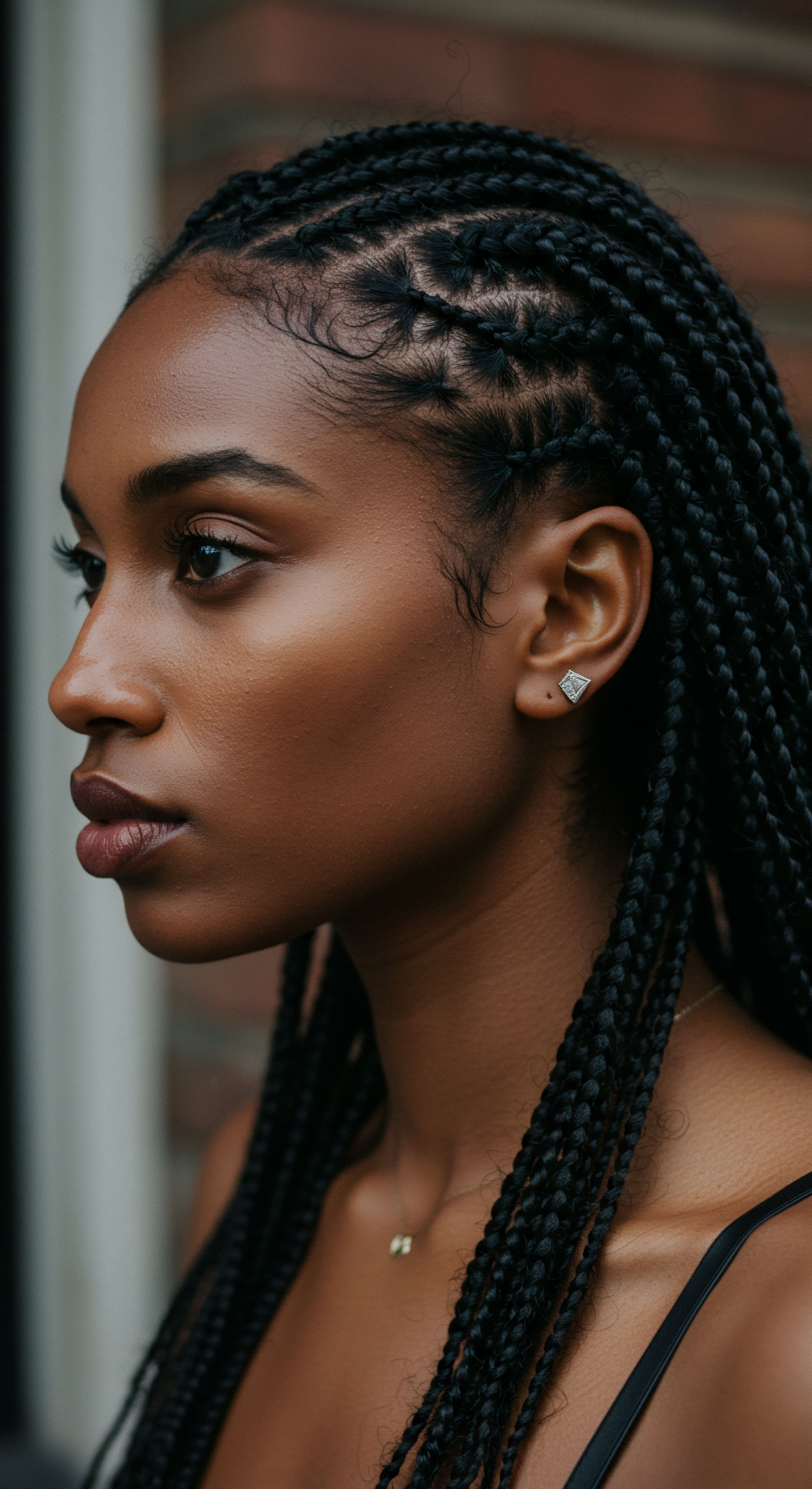 Protective Box Braids Exemplifying Optimal Scalp Health and Coily Pattern Versatility A stunning portrait of protective box braids incorporating precise cornrow patterns celebrates ancestral styling. The meticulous scalp artistry reflects diligent textured hair care, promoting moisture retention and enhancing natural coily textural definition. This imagery beautifully expresses rich Black hair heritage, emphasizing sustainable pattern integrity and overall hair longevity.