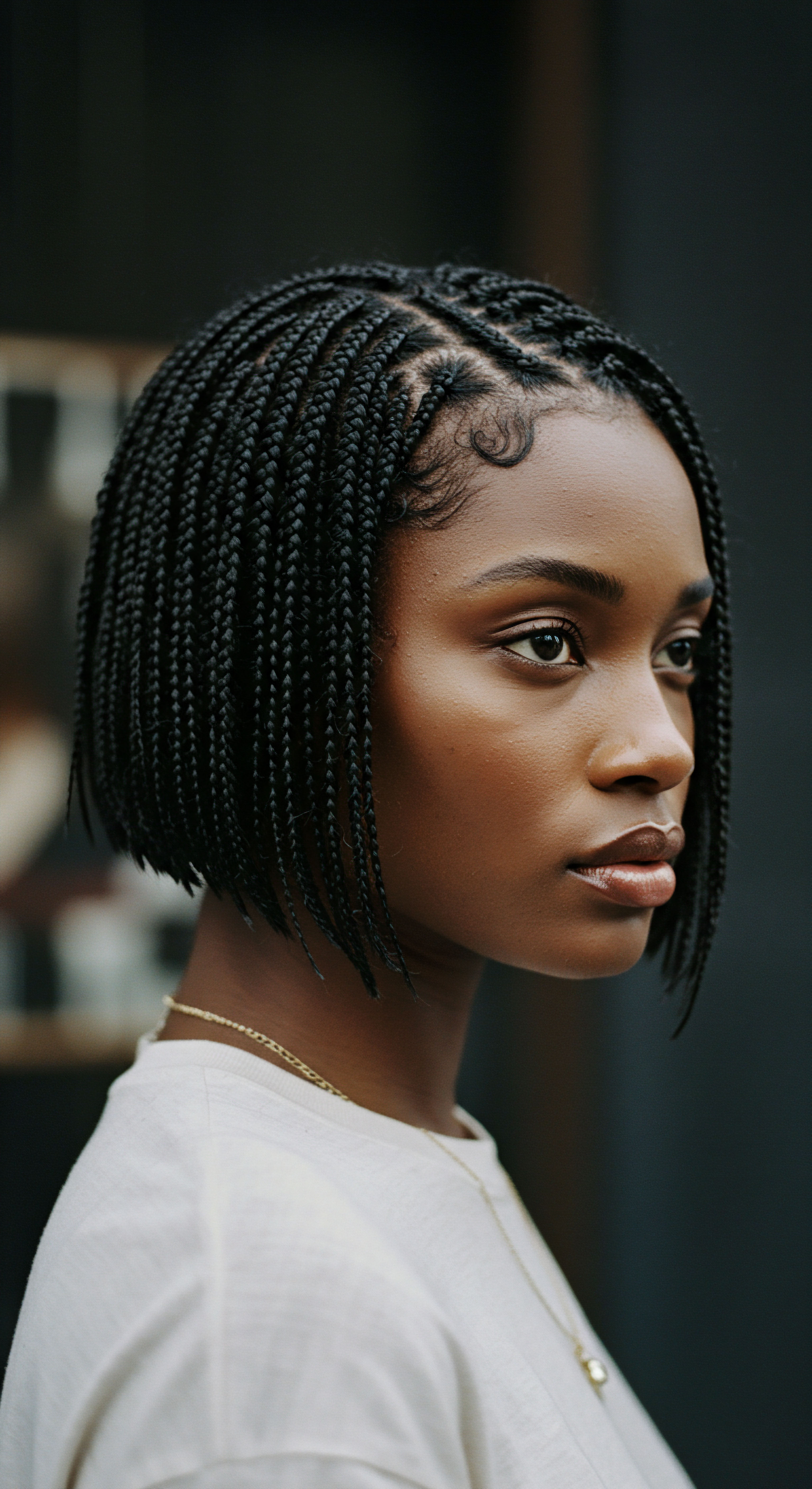 Protective Braided Bob Showcasing Afro-Textured Hairline Artistry This stunning portrait exemplifies expert textured hair care and protective styling through precise short braids. Meticulous hairline artistry highlights a deep heritage, reflecting ancestral practices and diligent attention to scalp health. This low-tension braiding promotes lasting hair integrity and optimal moisture retention for enduring, sophisticated beauty.