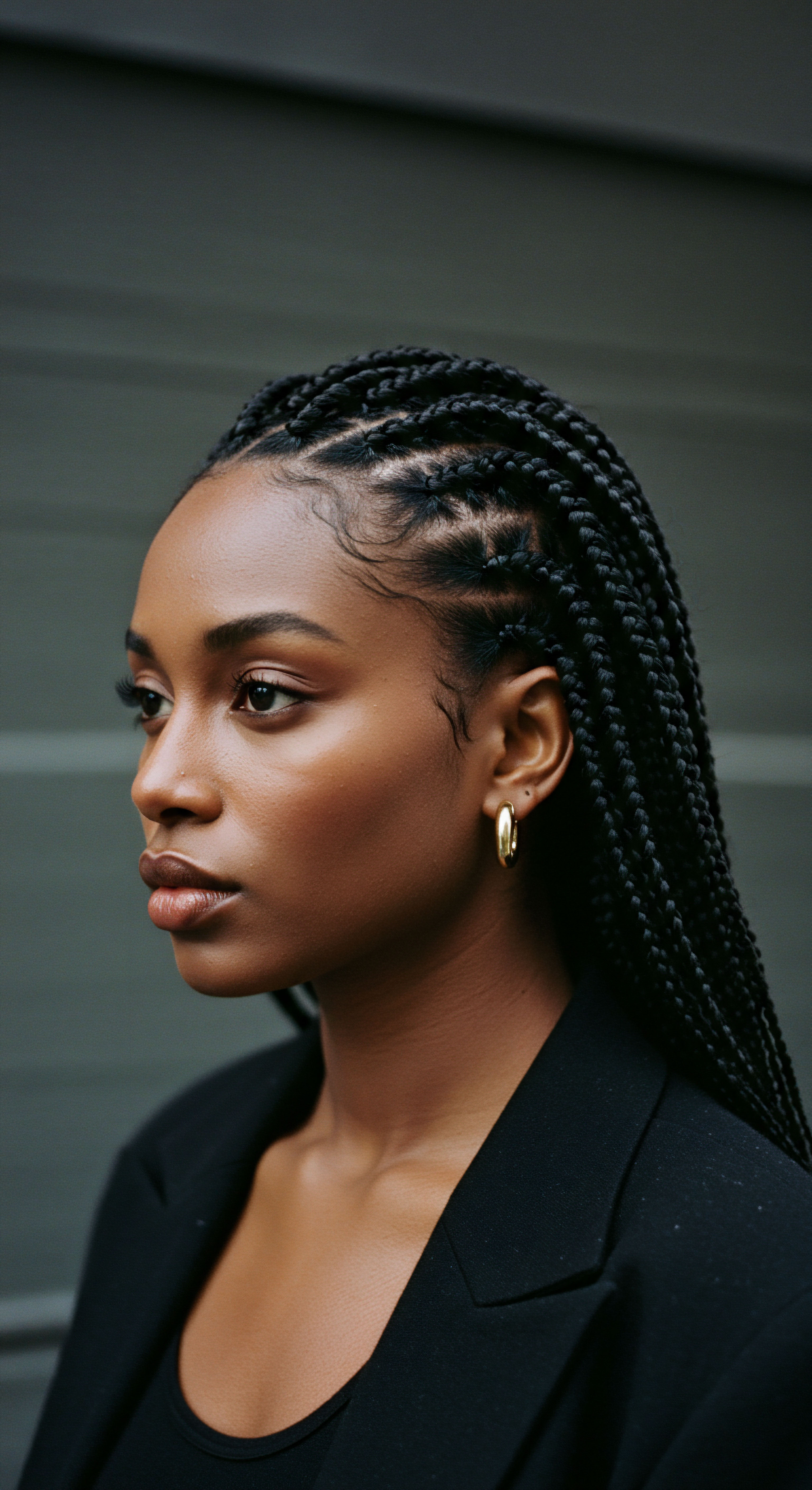 Protective Braiding Textured Hair Ancestral Craft Optimal Health Styling This stunning profile emphasizes box braids, a versatile ancestral protective style celebrating Black hair heritage. Meticulous braiding artistry and precise edge control reflect dedicated textured hair care. This low manipulation coiffure maximizes scalp health, enhancing moisture retention and impressive length retention for its natural patterns.