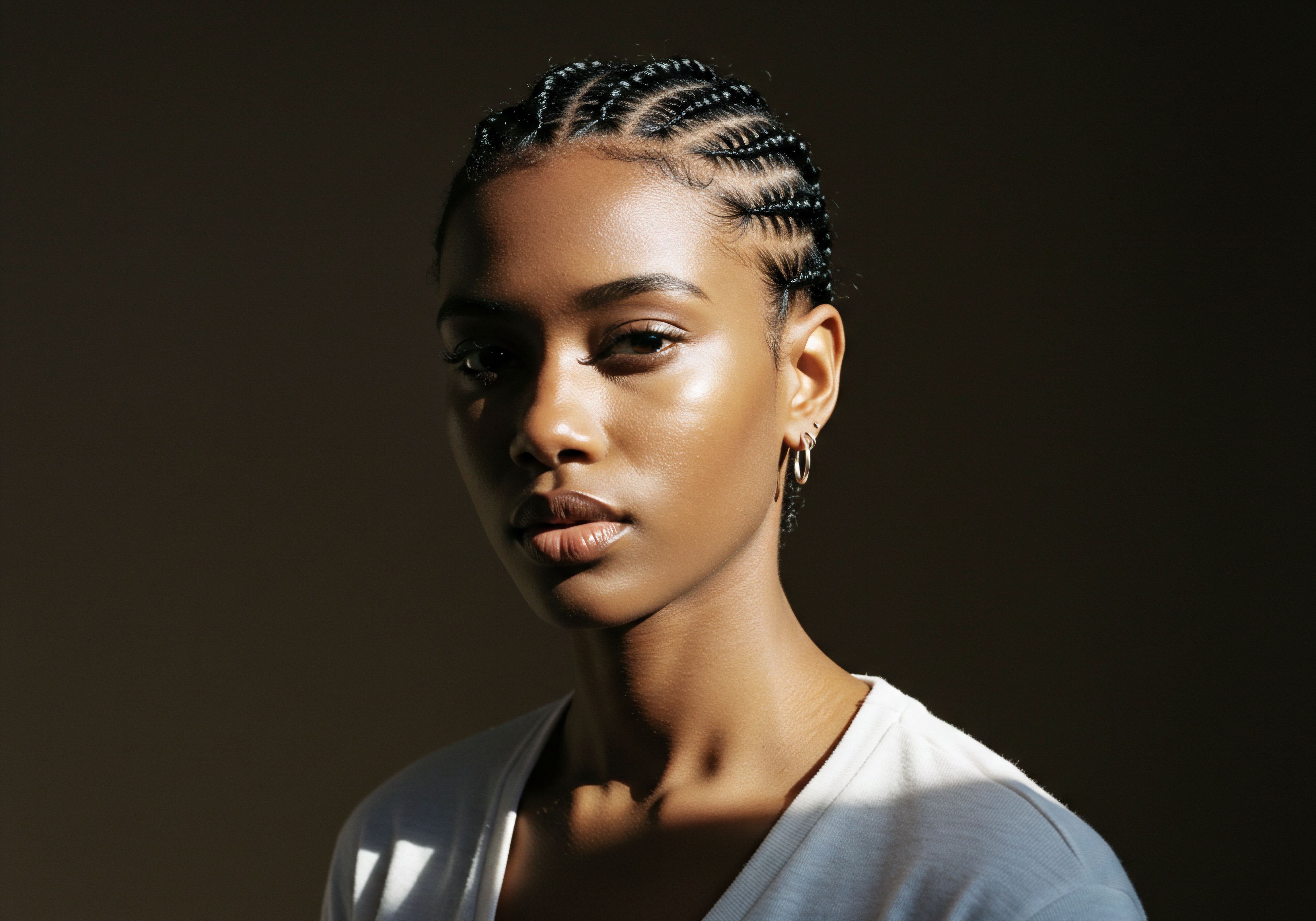 Protective Cornrow Styling Showcasing Healthy Scalp And Lustrous Hair Patterns This captivating portrait showcases a woman with meticulously executed cornrows, exemplifying a beneficial protective styling technique for textured hair. The distinct patterns emphasize remarkable hair strength, natural sheen, and low porosity health, achieved through consistent care. This image elegantly celebrates Black hair heritage, showcasing intricate ancestral practices and the beauty of pattern definition.