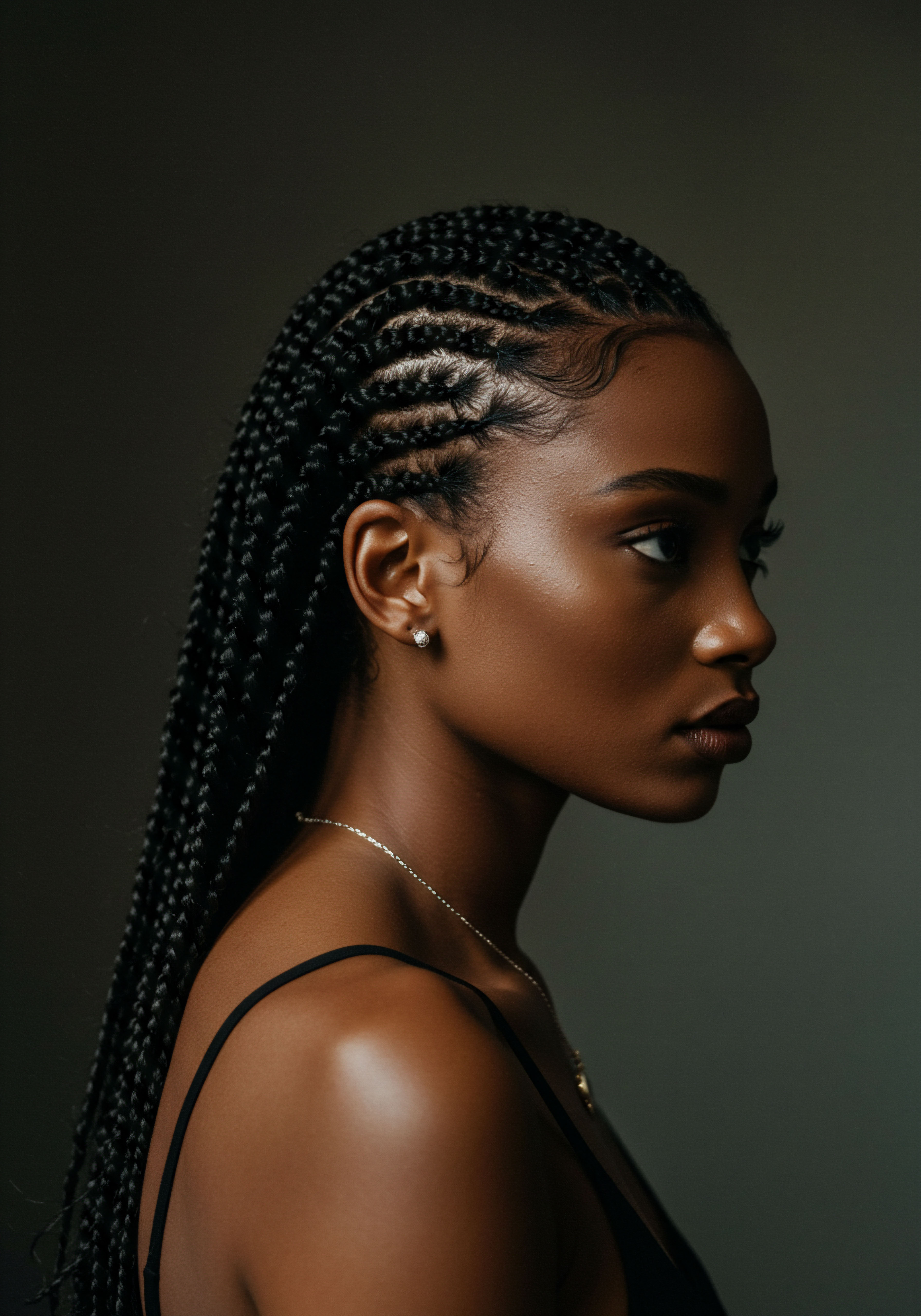 Protective Styles Celebrating Afro Textured Hair Resilience and Heritage This portrait captures the intricate beauty of an advanced protective style, highlighting the structured elegance of cornrow patterns transitioning into flowing box braids. It showcases the resilience of coily hair texture through low-manipulation styling, emphasizing the rich heritage and care dedicated to maintaining optimal hair shaft integrity and natural fiber strength.