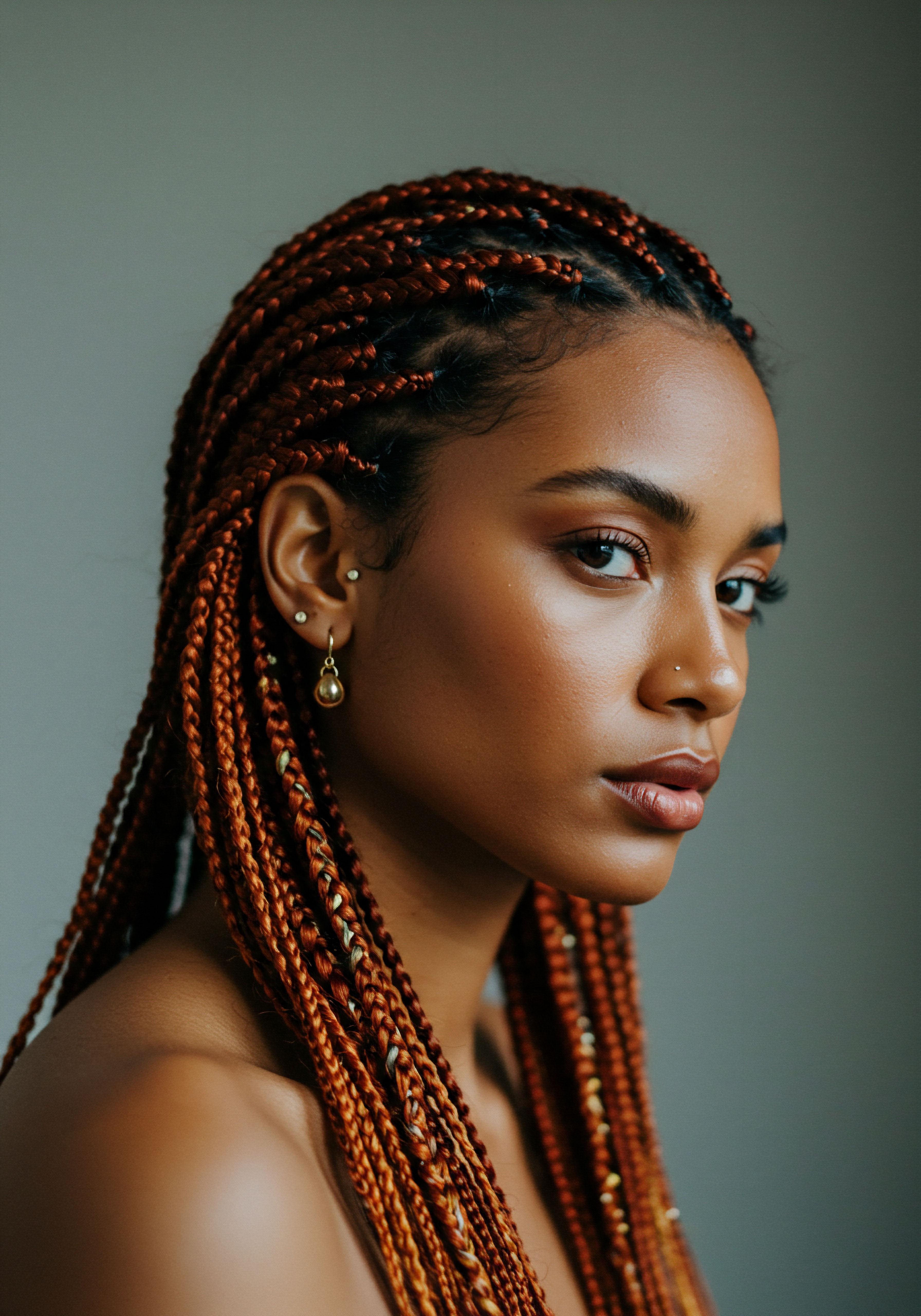 Protective Styling Auburn Box Braids Promoting Coily Hair Health Radiant, melanin-rich skin complements meticulously crafted auburn box braids, celebrating ancestral hair artistry. This expert protective styling locks in hydration and boosts strand health, revealing a flourishing coily pattern. Her confident gaze embodies thoughtful textured hair care and cultural pride.
