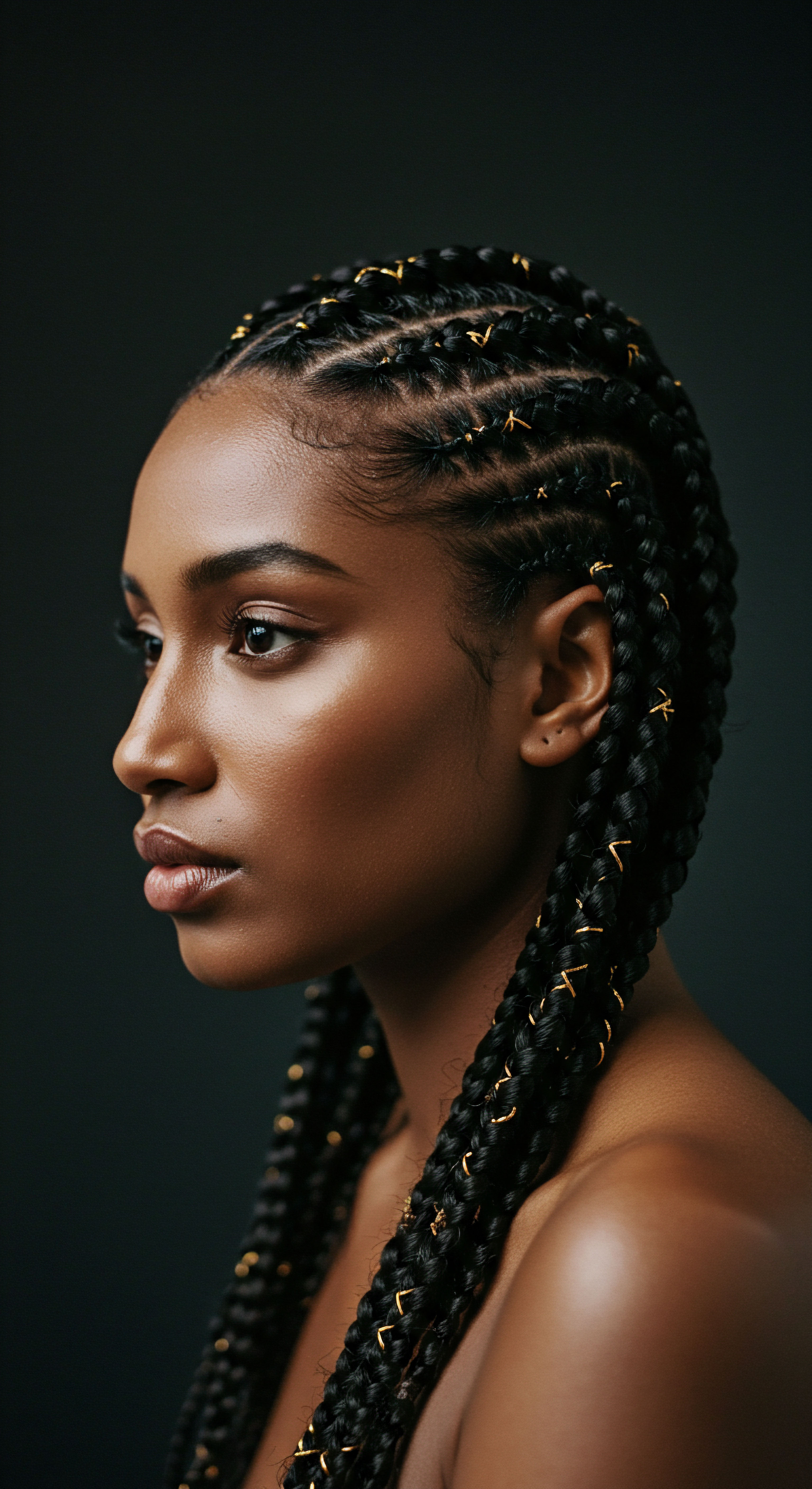 Protective Styling Masterpiece Elevating Coily Hair Adornment and Scalp Health Meticulous protective styling highlights richly textured coily hair. Intricate cornrows and defined braids, adorned with gold, express ancestral heritage hair artistry. Roothea values scalp health, tension management, and comprehensive low porosity strand care, ensuring follicular vitality.