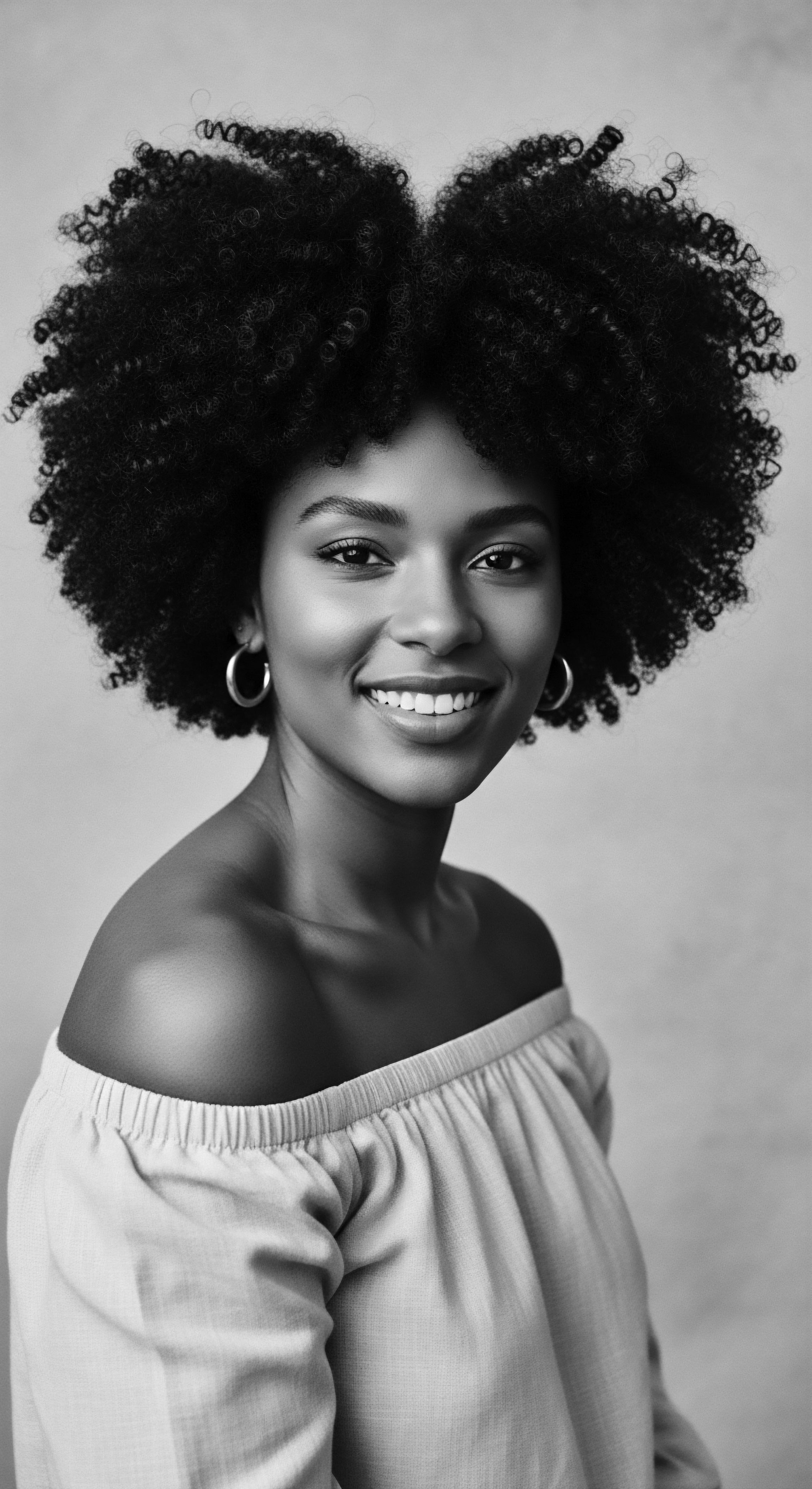 Radiant Afro Elegance Natural Hair Beauty Sebaceous Balance Holistic Shine The woman’s striking Afro, a showcase of coils and helix structure, presents a balanced sebaceous vitality reflective of holistic hair care, echoing ancestral Black hair traditions. The radiant beauty and soft glow highlight the importance of balance and overall vitality in embracing expressive styling and celebrating natural hair forms.
