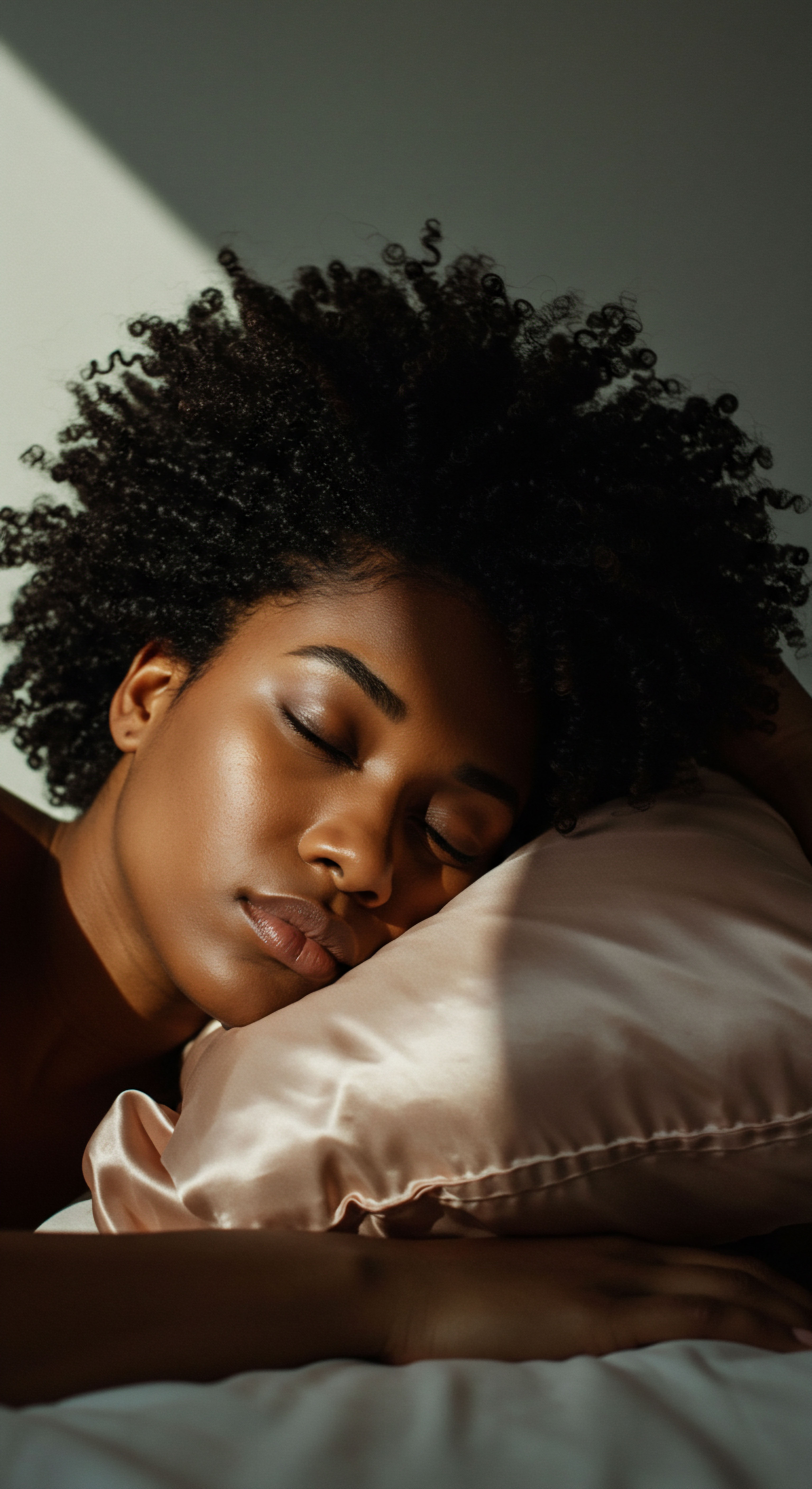 Radiant Afro-Textured Hair Resting On Satin For Optimal Hydration and Protection This portrait of serene repose highlights radiant afro-textured hair. Her voluminous coily spirals, exhibiting optimal elasticity and natural luster, are gently supported by a satin pillowcase, key for moisture retention and scalp health. The image emphasizes dedicated care, preserving hair integrity and celebrating Black hair heritage.