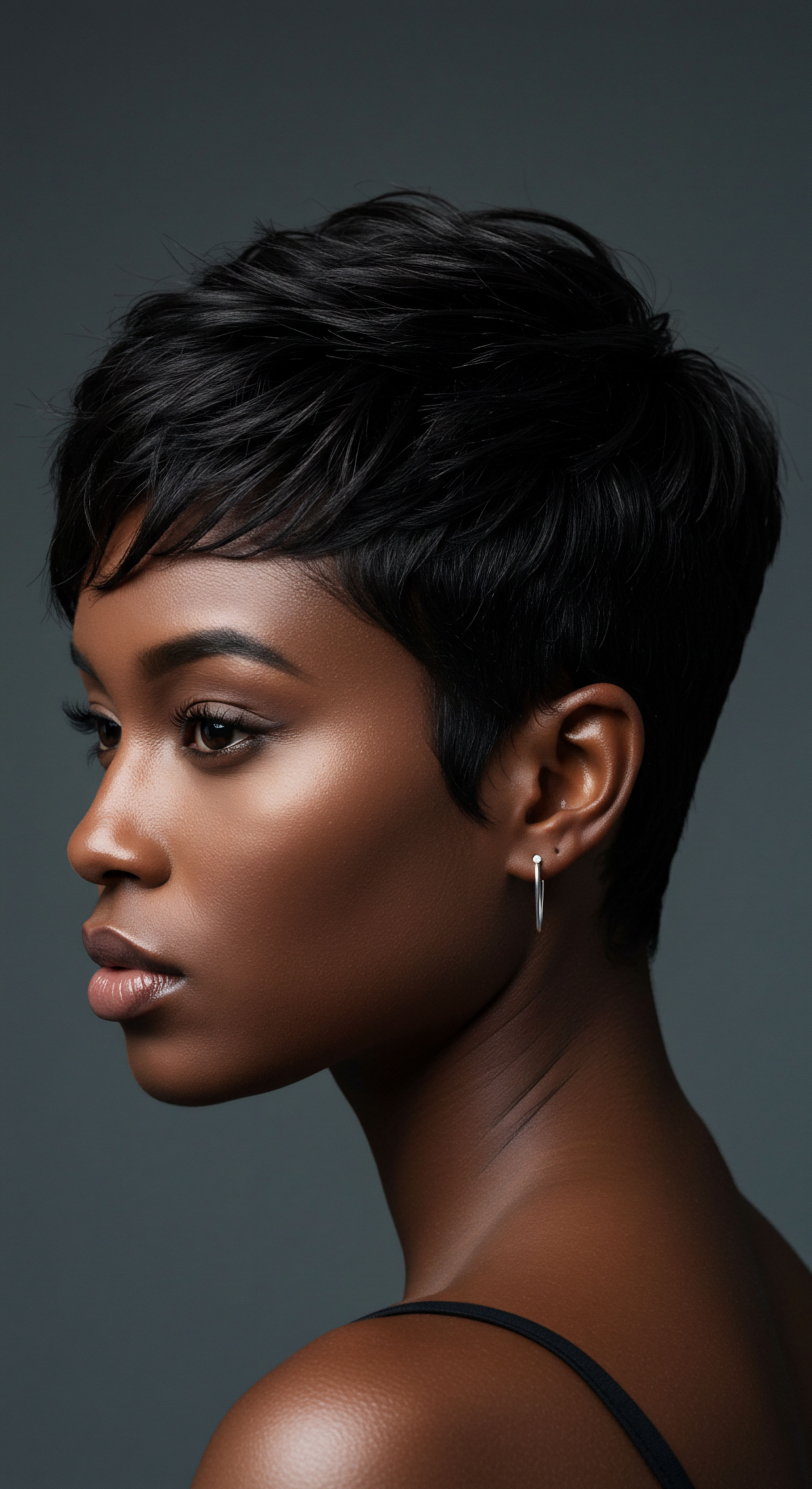 Radiant Black Hair Coily Pattern Deep Hydration Expert Styling Heritage This compelling profile highlights dark, textured hair, showcasing a beautifully defined natural pattern through masterful styling. Its radiant sheen reflects advanced hair care and deep hydration, celebrating ancestral beauty. This image inspires personalized hair styling, promoting optimal hair health, strength, and heritage through informed practices.