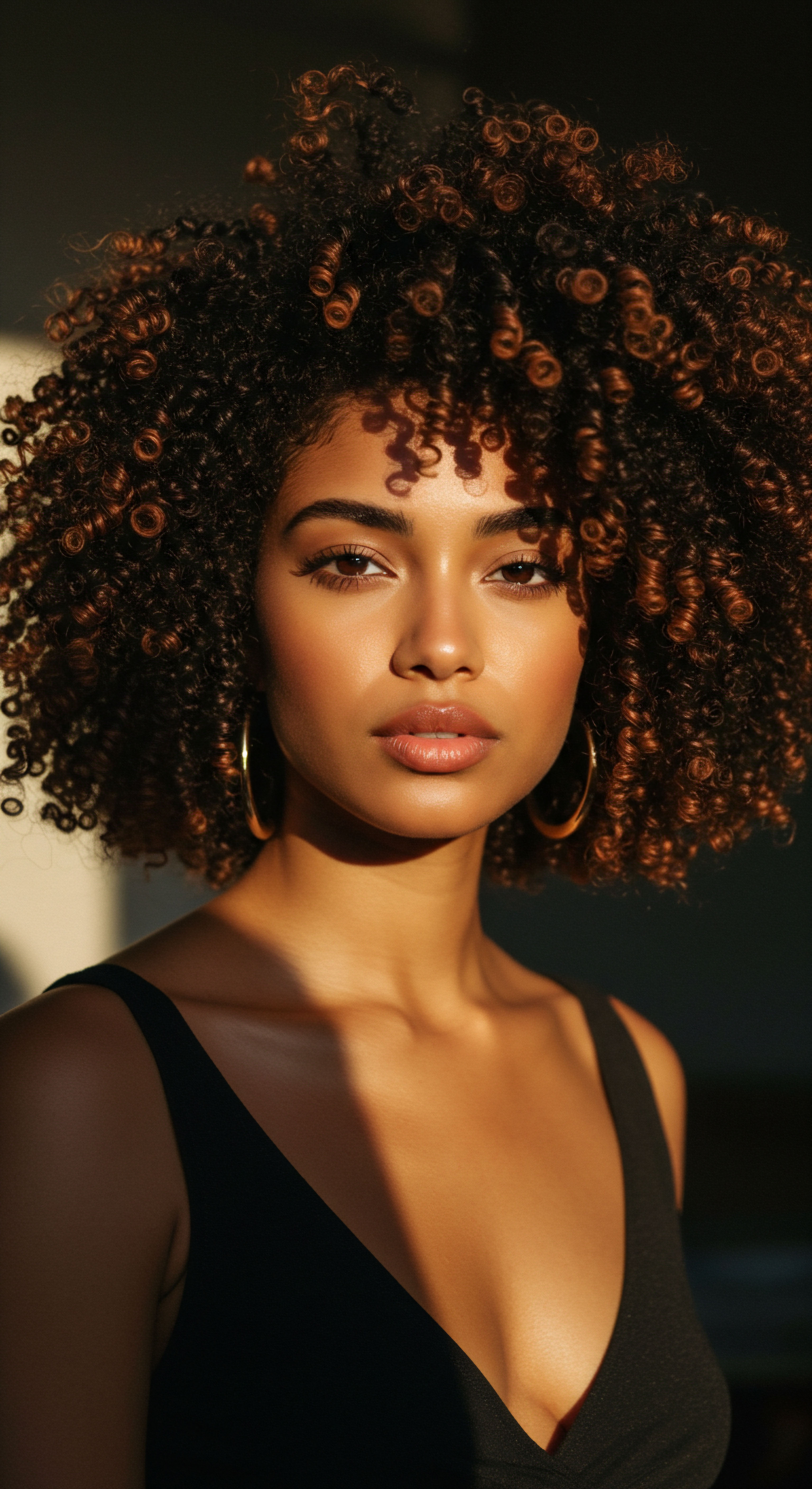 Radiant Complexion Embracing Voluminous Coiled Hair Optimized For Moisture Retention This portrait features captivatingly defined textured hair, with rich black and auburn patterns illuminated by warm light. The intricate coil definition showcases exceptional moisture balance and vitality, a testament to thoughtful mixed-race hair care and effective styling for optimal hair health, rooted in heritage.