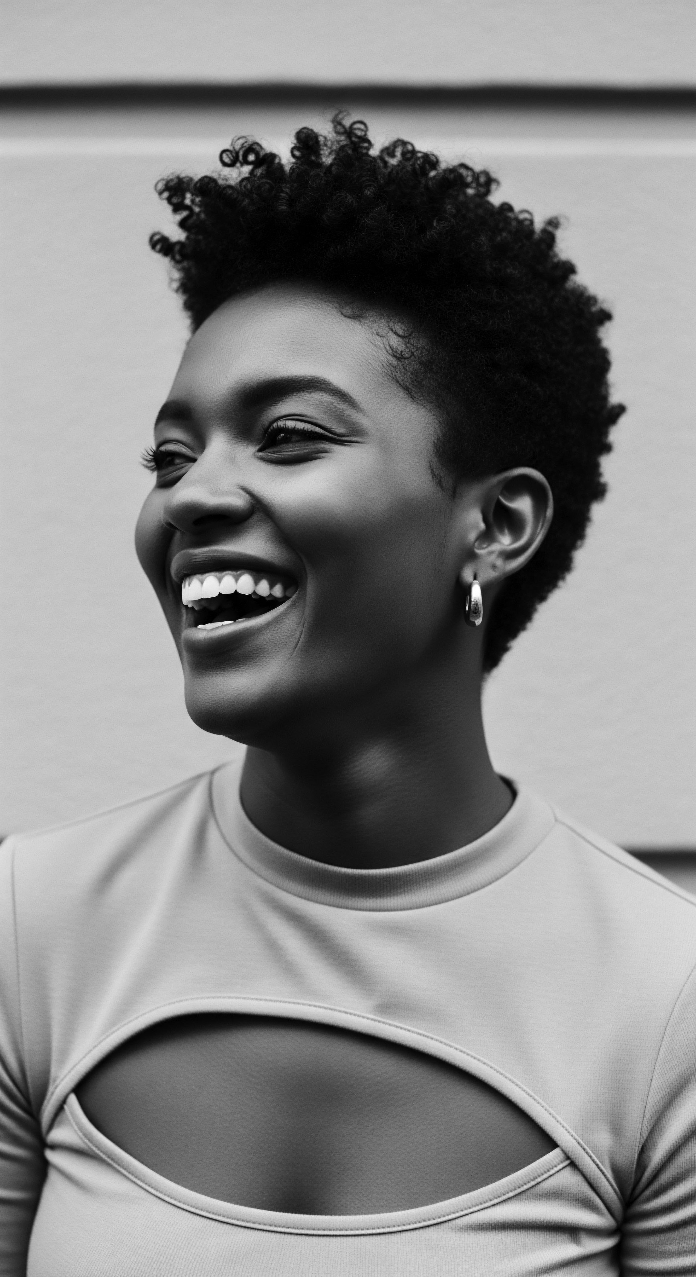 Radiant Joy African Woman’s Natural Coily Texture Hair Style and Laughter With a genuine expression of joy, this portrait celebrates the natural beauty and resilient texture of African coily hair. The short cut emphasizes healthy coil patterns, showcasing the ease of low manipulation styling for strong type 4b hair forms while celebrating heritage and ancestral pride.