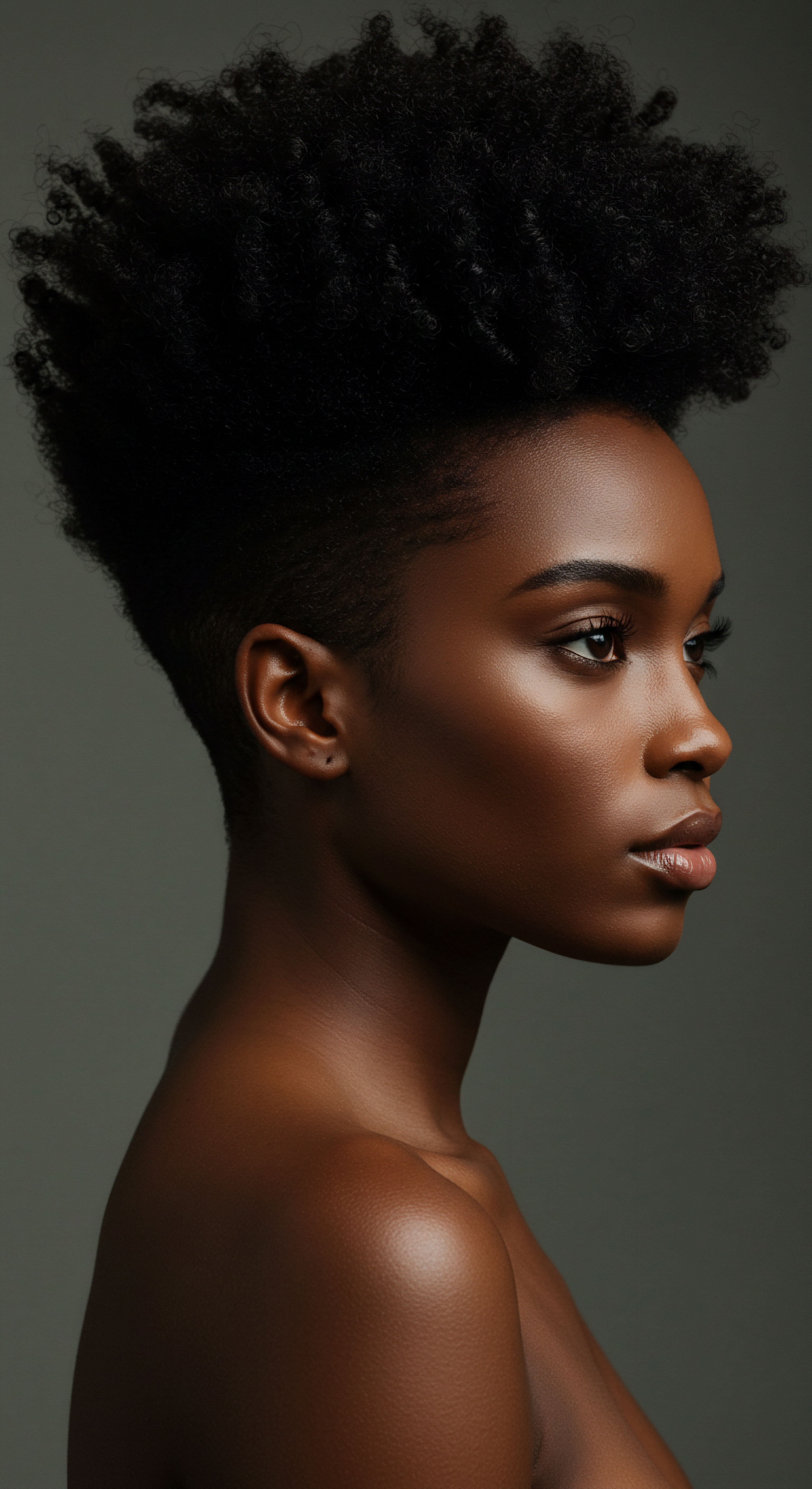 Radiant Melanated Skin and Defined Coily Pattern Volumetric Hair Styling Embracing profound Afro-heritage, this stunning profile features luminous melanated skin alongside a meticulously sculpted, high-density coily pattern. The resilient texture embodies robust natural hair integrity and optimal hydration retention, showcasing exquisite pattern definition and masterful volumetric styling—a testament to comprehensive textured hair care.