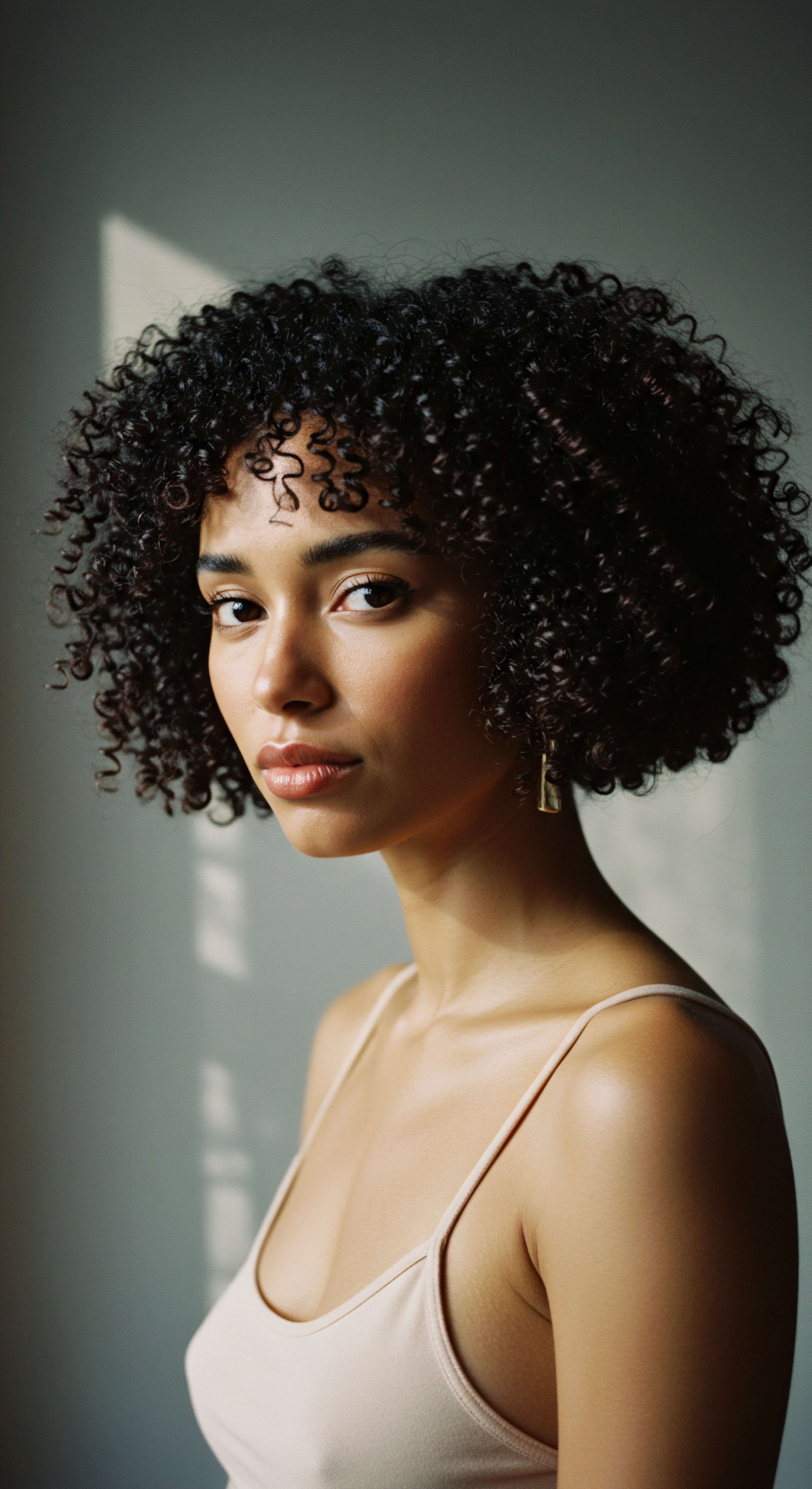 Radiant Portrait Featuring Coily Textured Hair Heritage And Mindful Care This captivating portrait showcases a woman's radiant natural coily hair, emphasizing its impressive volume, impeccable definition, and intricate spiral patterns. The superb moisture retention and hair elasticity reflect diligent mixed-race hair care routines. This thoughtfully affirms her profound ancestral heritage through conscious low-manipulation styling.