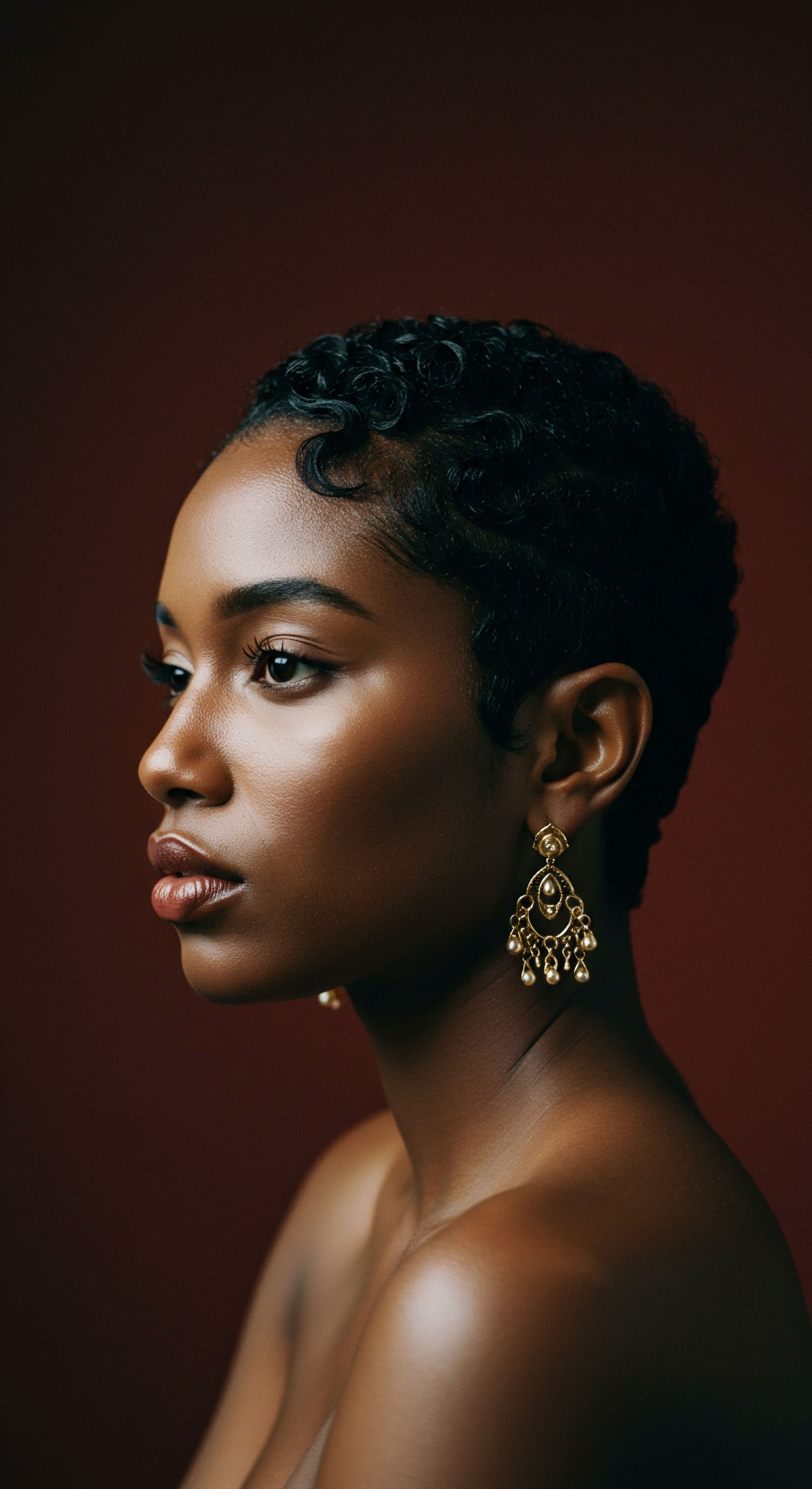 Radiant Profile Showcasing Defined Coiled Texture and Ancestral Adornment Captivating side profile features defined black coil patterns, exemplifying masterful textured hair care through meticulous styling techniques. Luminous skin reflects optimal hydration and scalp health, eloquently conveying deep ancestral beauty. This precise texture definition highlights a purposeful hair regimen, honoring rich cultural heritage.