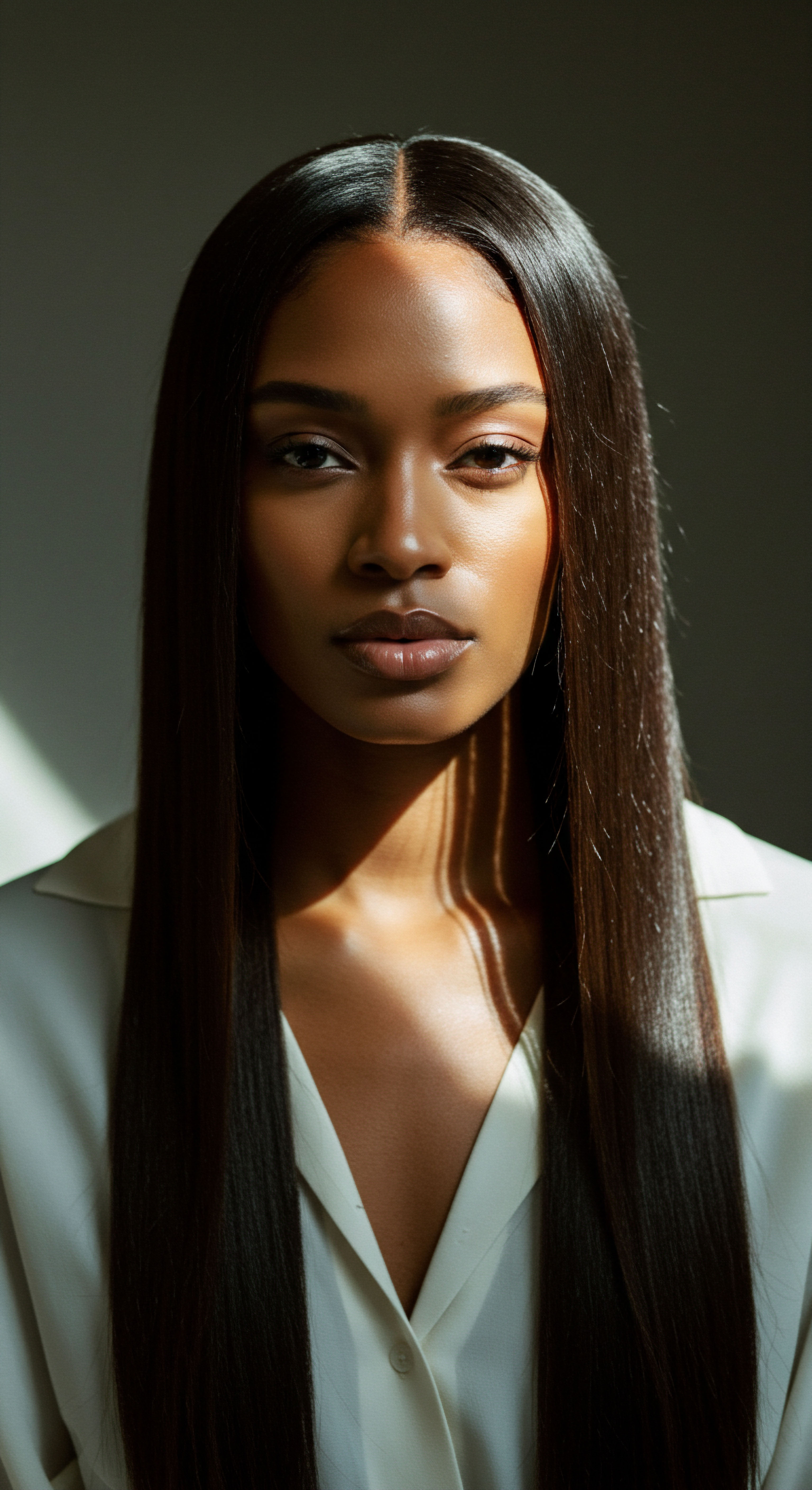 Radiant Silk Press Hair Achieving Optimal Smoothness and Textured Hair Versatility Showcasing sleek, thermal-styled black hair, this portrait reveals a flawless silk press on mixed-race textured hair. Meticulous care ensured vibrant shine, exquisite cuticle alignment, and deep hydration. This illustrates remarkable styling versatility rooted in rich heritage.