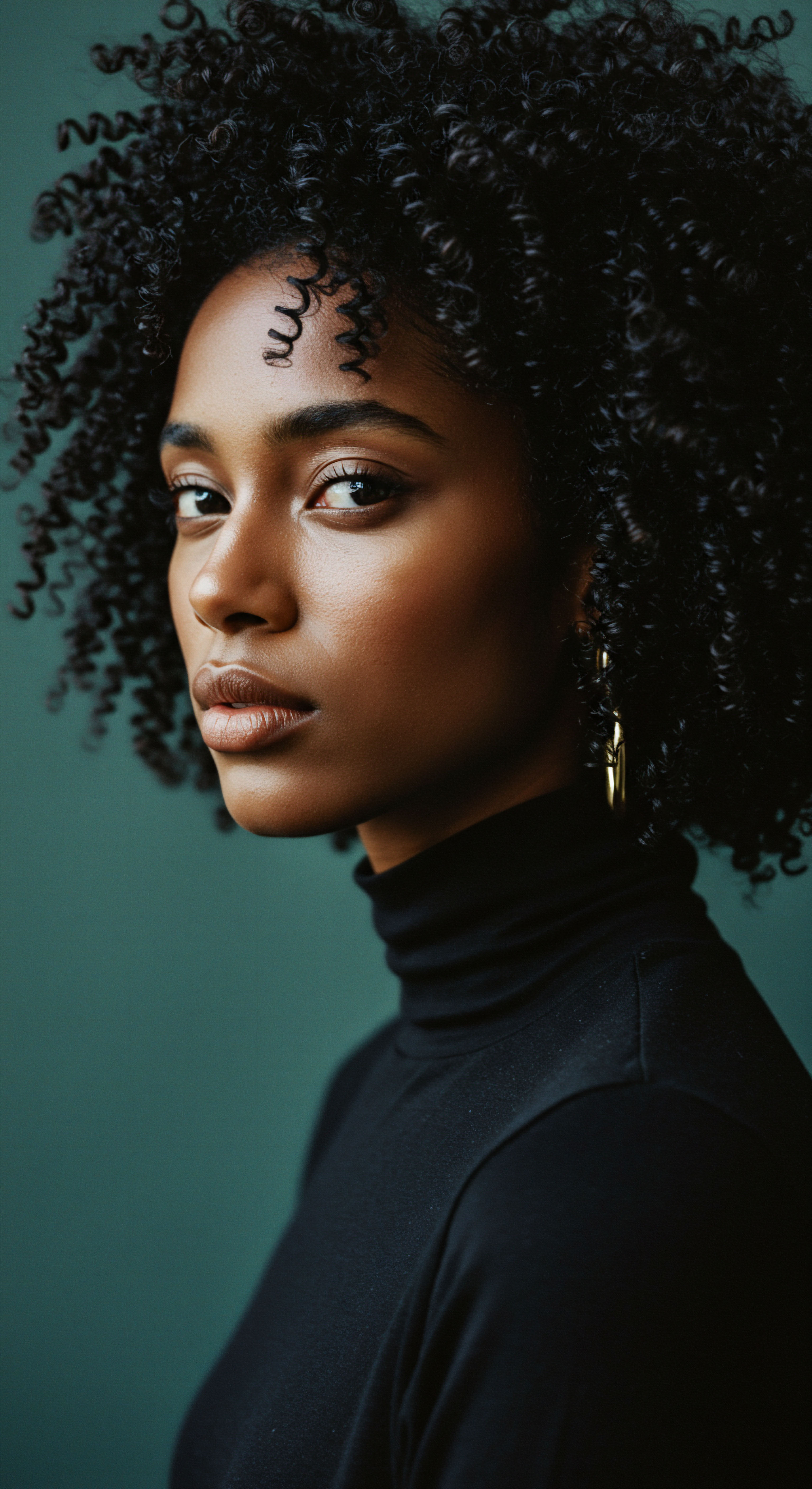 Radiant Skin and Defined Helices Showcasing Textured Hair Heritage This portrait presents meticulously styled, deeply hydrated helices with exceptional pattern definition and reflective sheen. Embodying superior Afro-textured hair care and sophisticated styling, it highlights resilient strand integrity, optimal moisture retention, and profound ancestral Black hair heritage. A testament to natural texture.