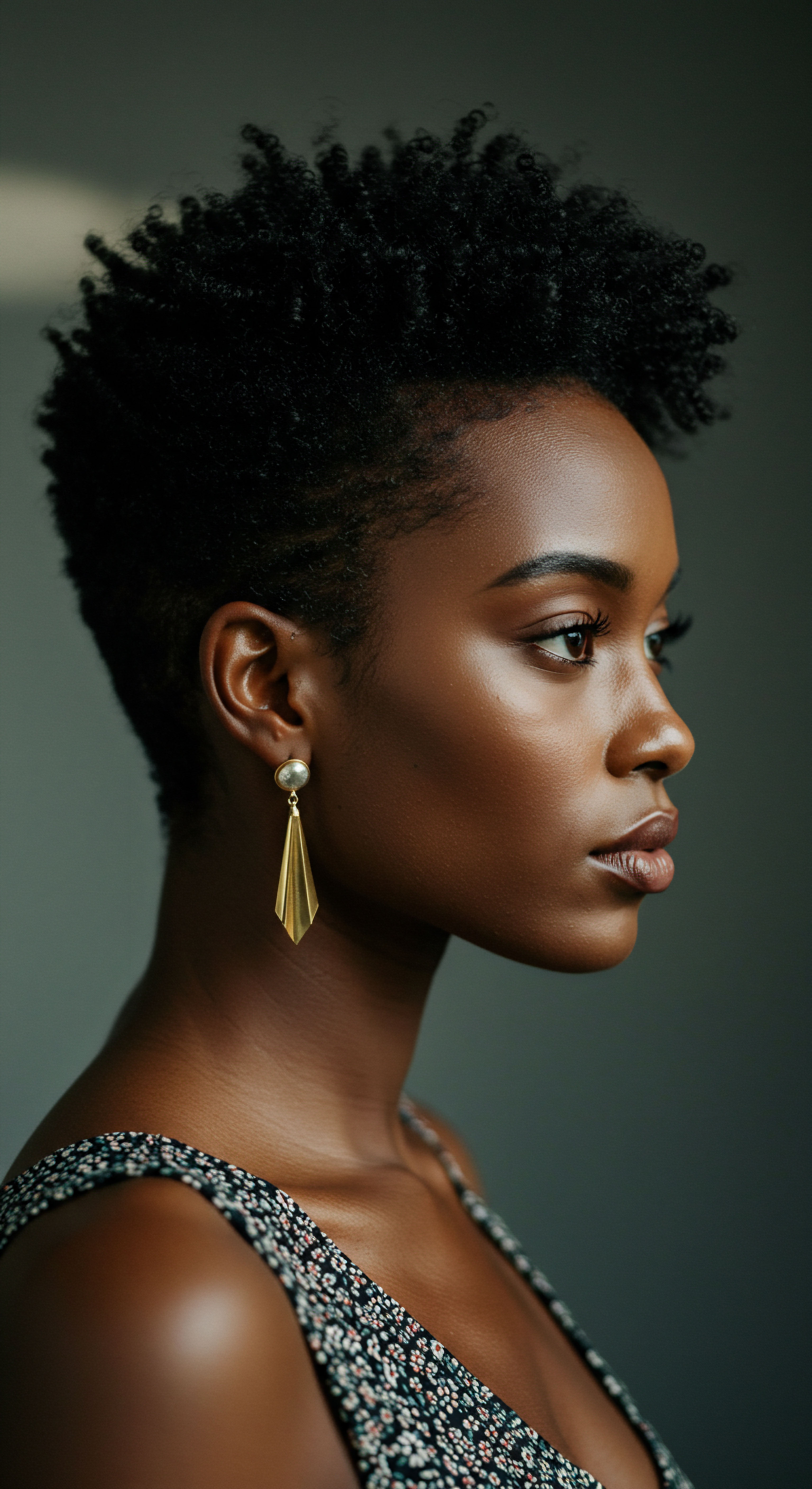 Radiant Skin And Sculpted Coils Empowering Natural Hair Styling Her compelling profile showcases dense, coily Afro-textured hair with superb texture definition. This robust strand integrity highlights dedicated natural hair care. Radiant melanin-rich skin embodies deep hydration and optimal scalp health, reflecting heritage protective styling and advanced manipulation techniques.