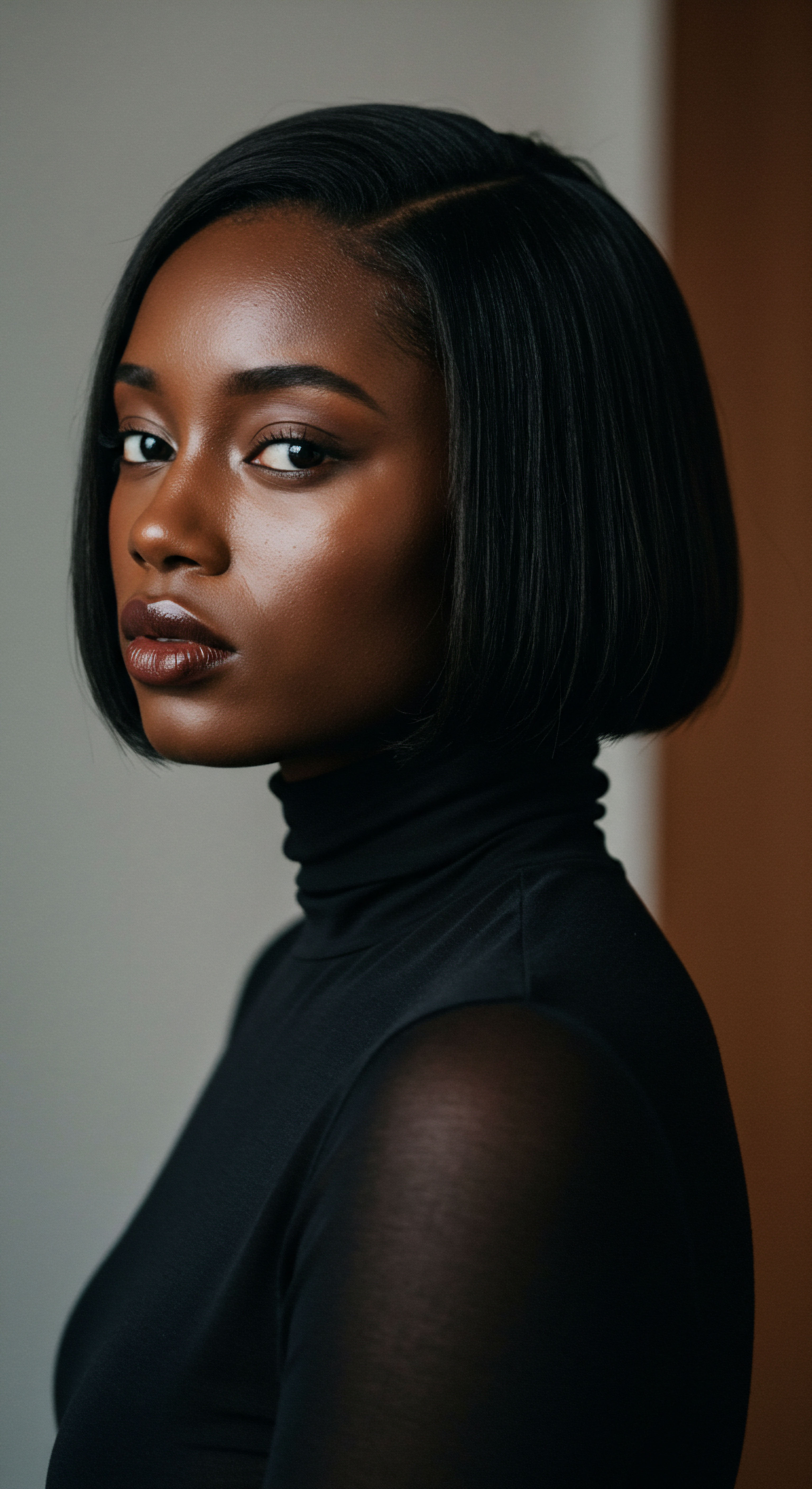 Radiant Skin Complementing Deep Textured Black Hair Styling Perfection A dark-skinned woman displays a sleek, side-parted bob with high-shine, polished finish. This exemplifies meticulous textured hair care, optimal moisture retention, and expert styling for vibrant black hair, showcasing precise texture definition, scalp health, and honoring rich heritage practices.