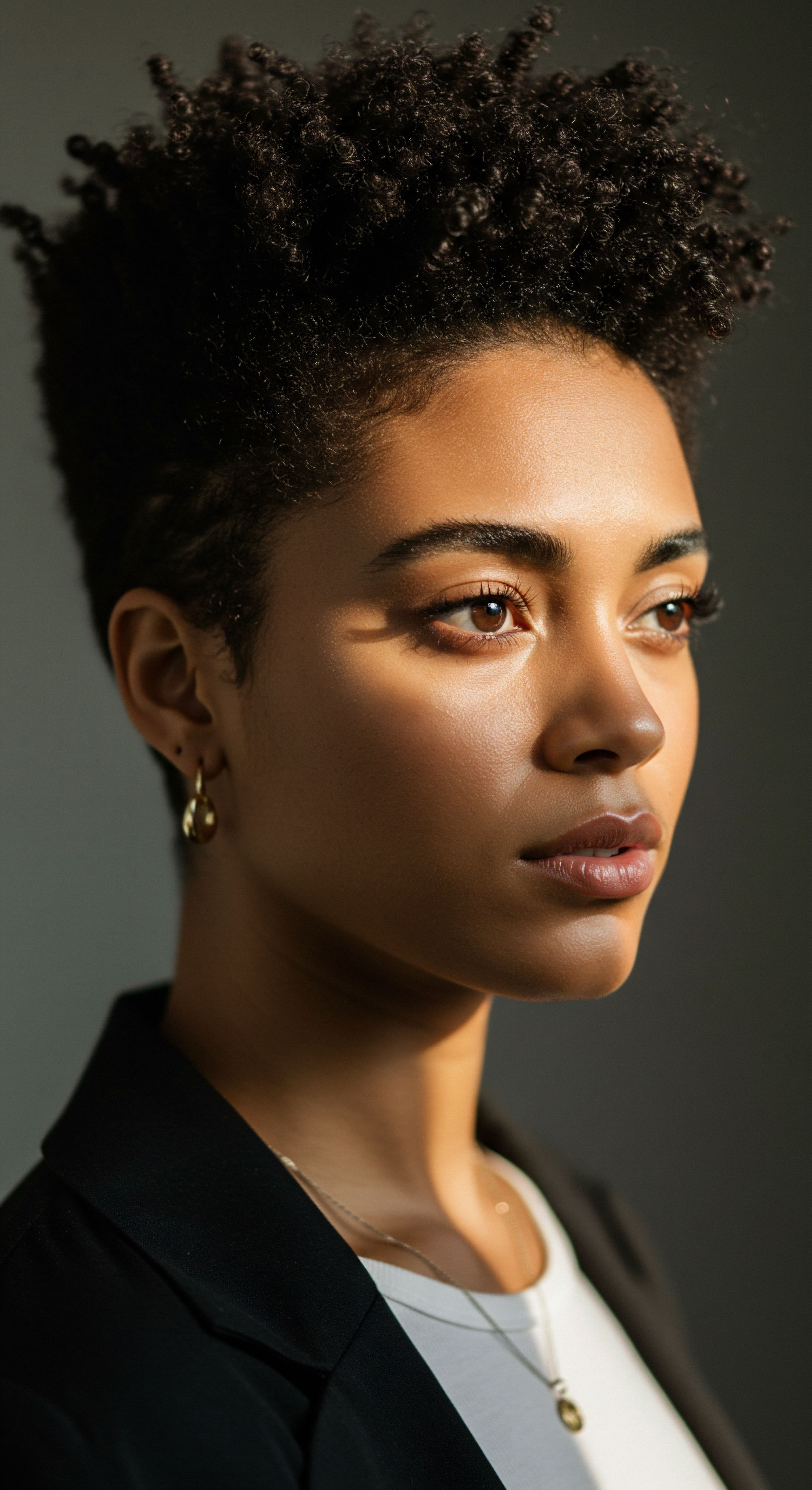 Radiant Woman Embracing Natural Coily Texture and Modern Hair Definition This captivating profile unveils vibrant, impeccably defined afro-textured coils. Her resilient spring-like pattern demonstrates exceptional moisture retention and deep hydration, showcasing dedicated porosity management. This striking hair structure celebrates authentic mixed-race heritage, expertly styled for volumetric beauty and confident self-expression.