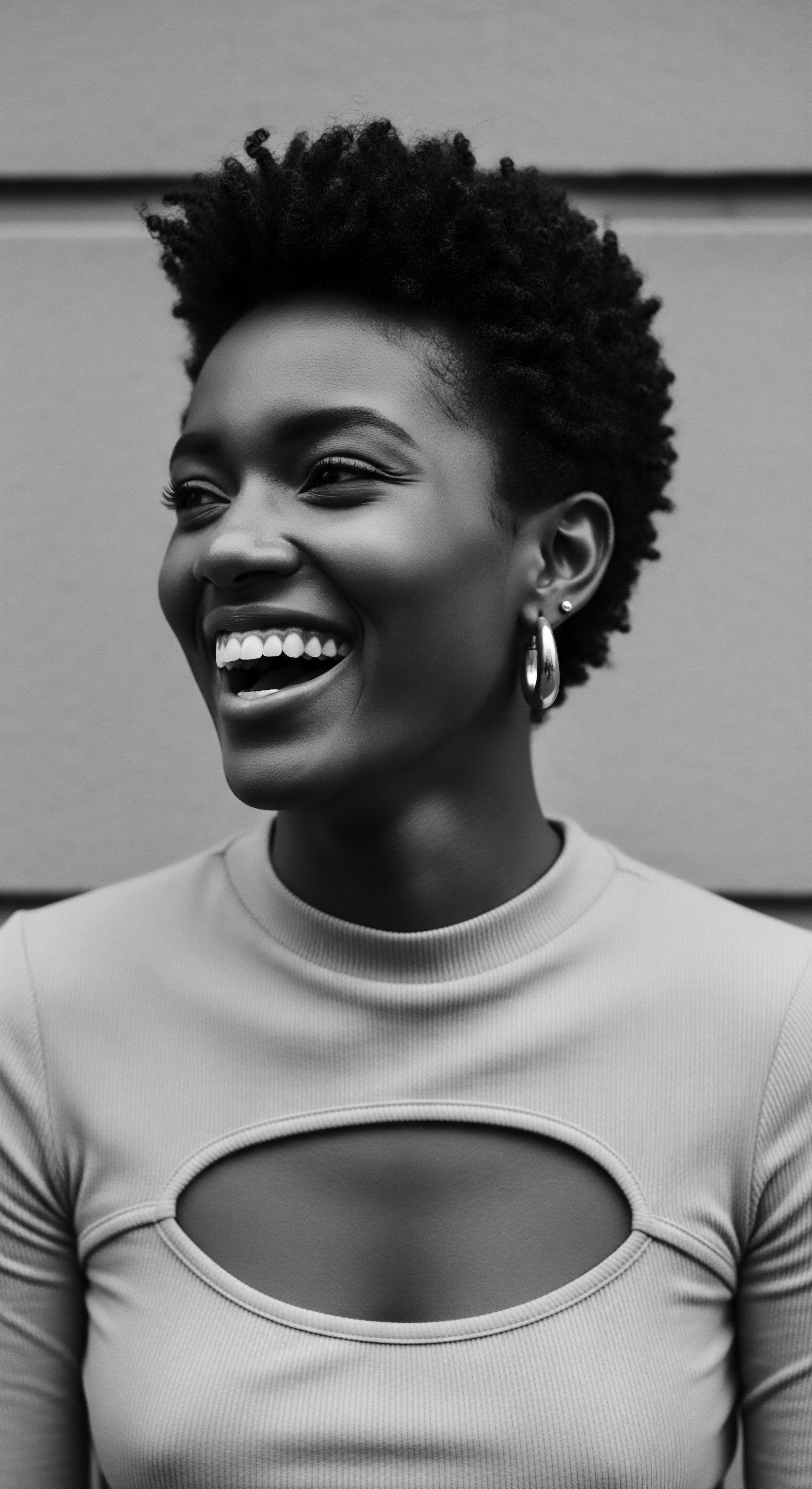 Radiant Woman Laughing Against Solid Backdrop with Coiled Afro Hairstyle The monochrome portrait captures the beauty and radiance of a confident woman with a short, coiled Afro, her textured hair a statement of natural beauty and heritage. Her joyous expression, coupled with the cut-out top and tasteful jewelry, celebrates self-expression through personal style, rooted in cultural heritage.
