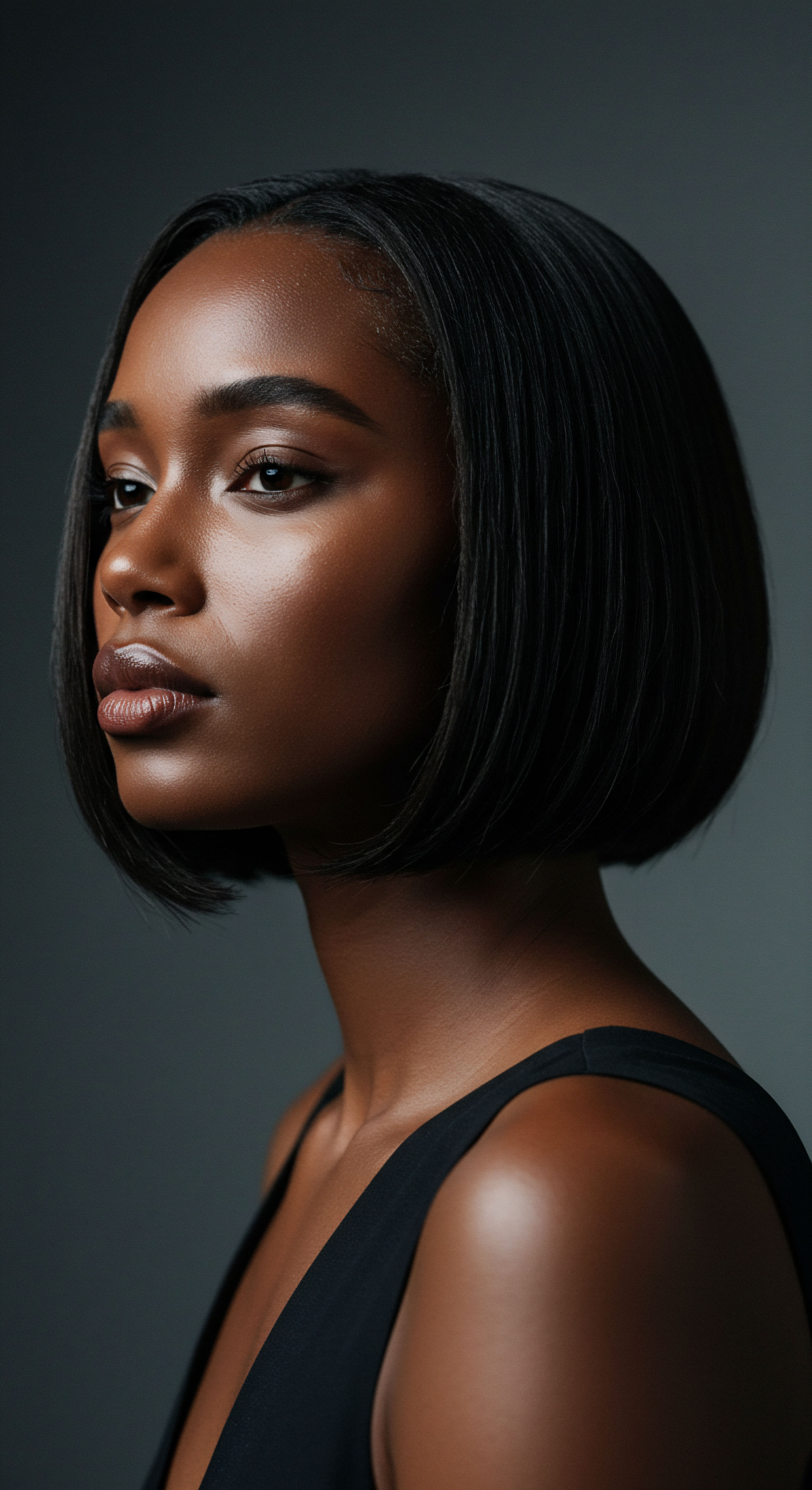 Refined Black Hair Bob Reflecting Expert Textured Hair Care Heritage Captivating profile shows a sleek bob on Black hair, reflecting expert textured hair care. Luminosity, strand integrity, and hydration highlight advanced styling techniques and diligent regimen. This look proudly honors ancestral heritage, promoting optimal pattern elongation and lasting hair health.