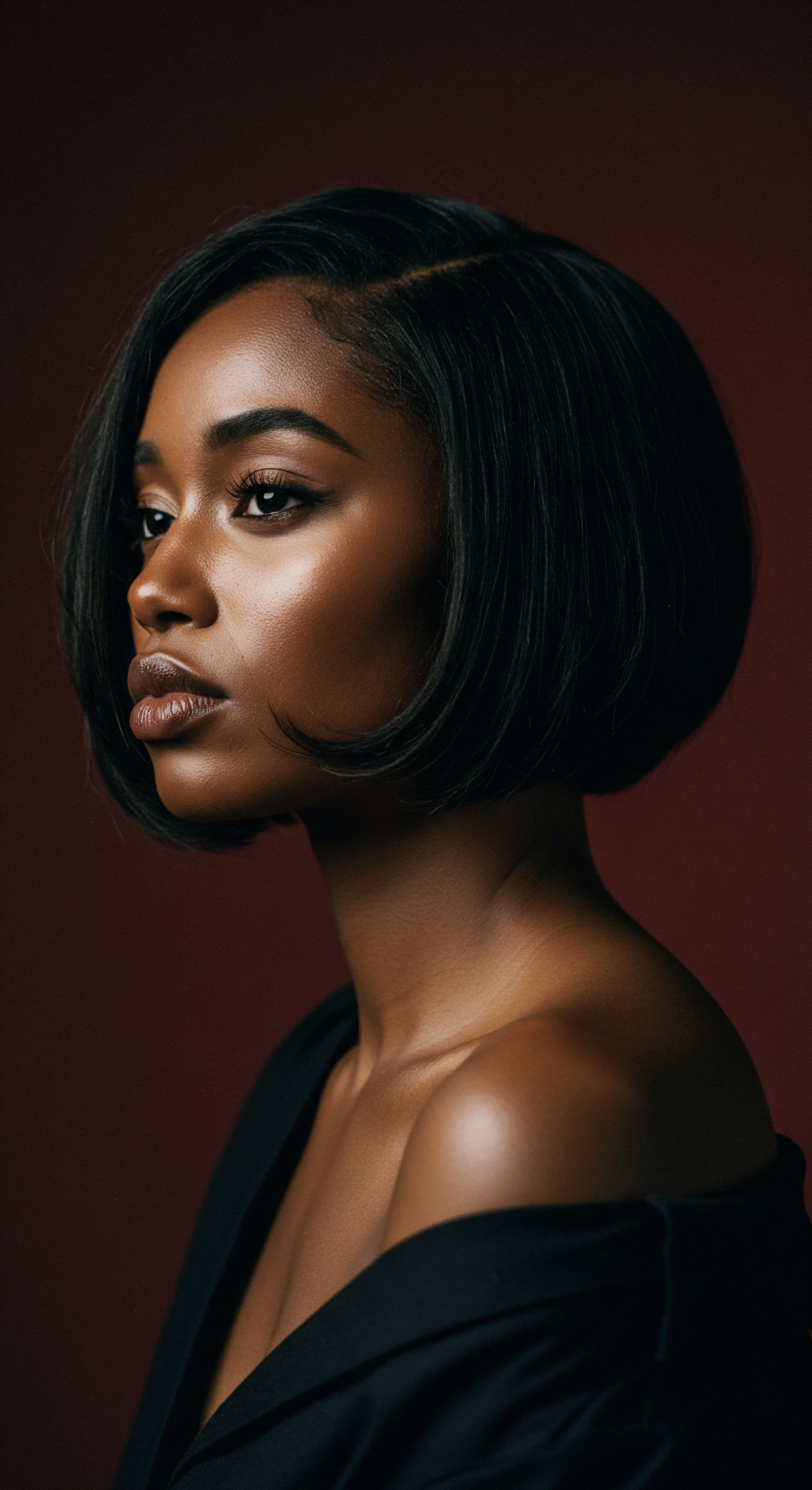 Refined Black Hair Styling Artistry Silk Press Precision Hydration Heritage Showcasing a beautiful profile, this image highlights immaculate black hair, demonstrating optimal hydration and refined styling. A sophisticated silk press on natural hair provides luminous sheen and smooth texture, celebrating rich ancestral heritage. This look exemplifies modern precision techniques and dedicated care for highly textured strands.